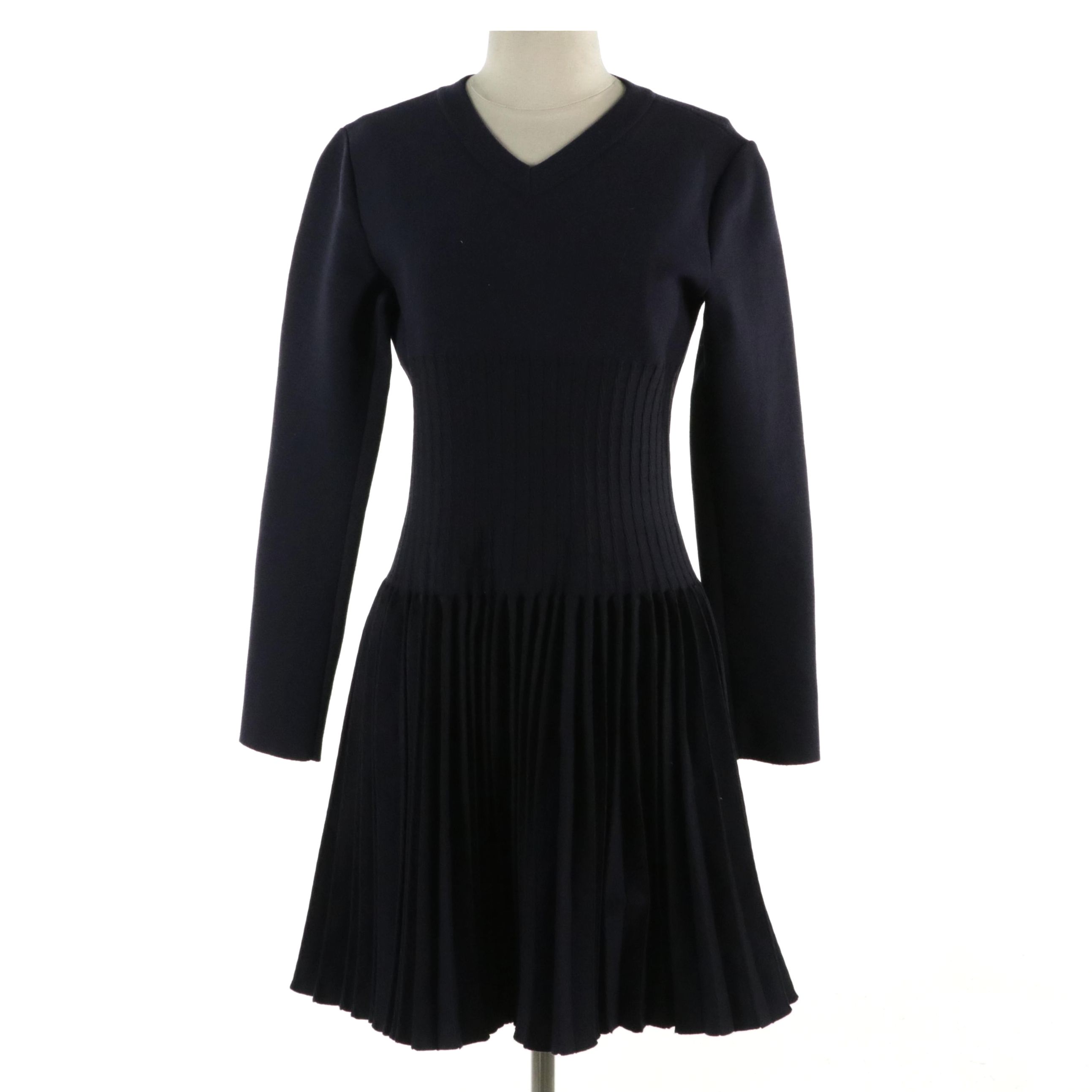 Azzedine Alaïa Navy Blue V-Neck Pleated Dress