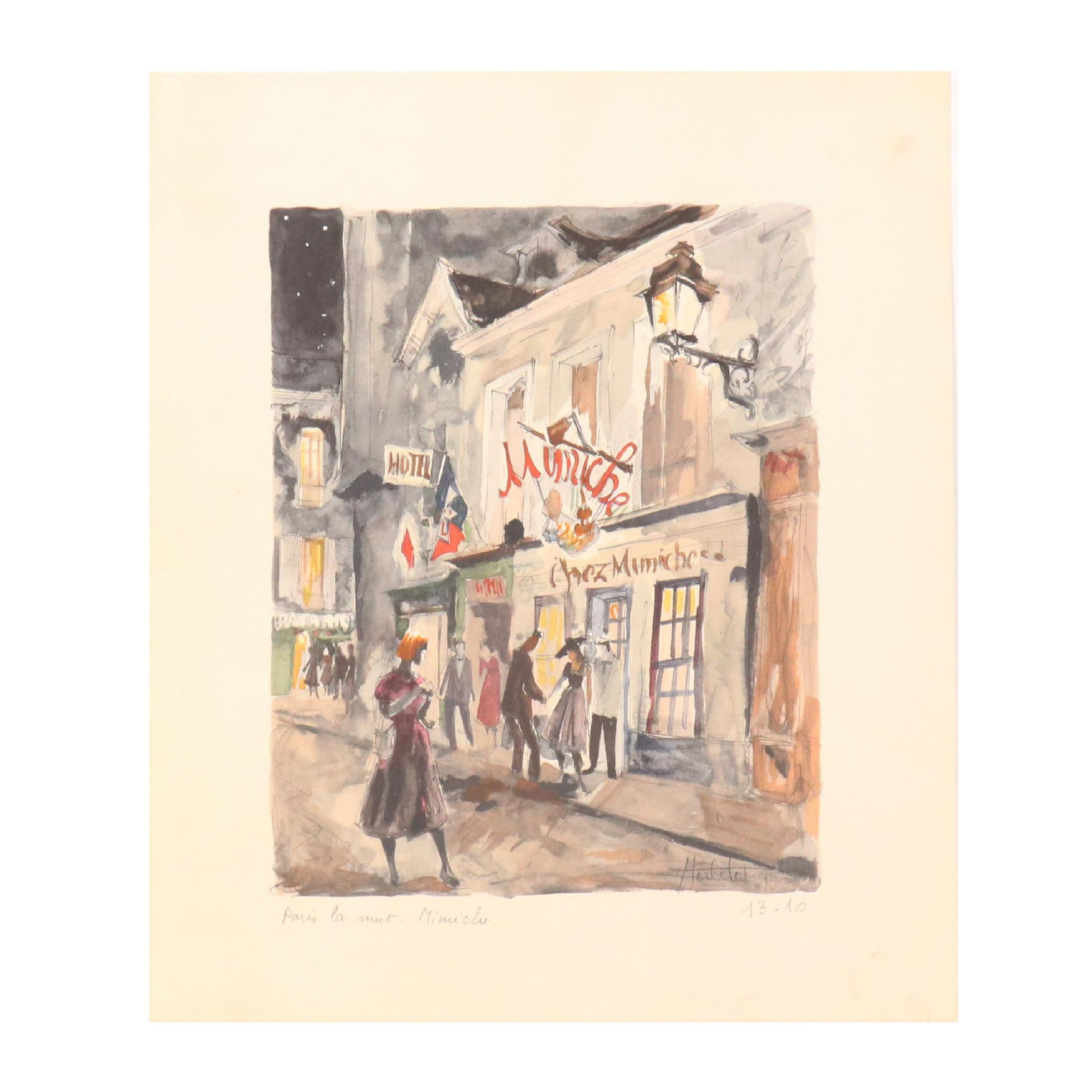 Franz Herbelot Hand-Colored Lithograph "Paris la Nuit - Mimiche," Mid-20th C.