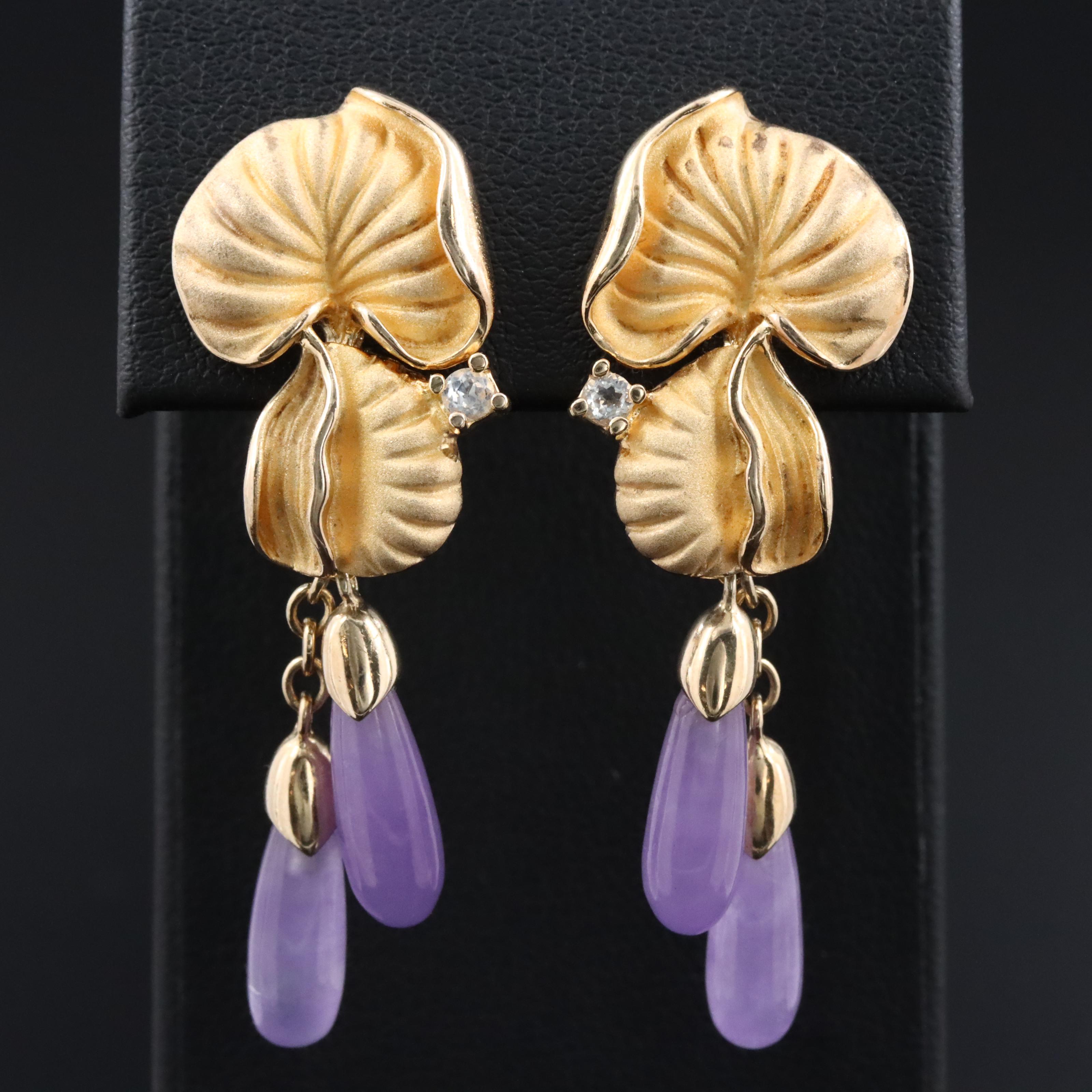 Sterling Jadeite and White Topaz Leaf Earrings