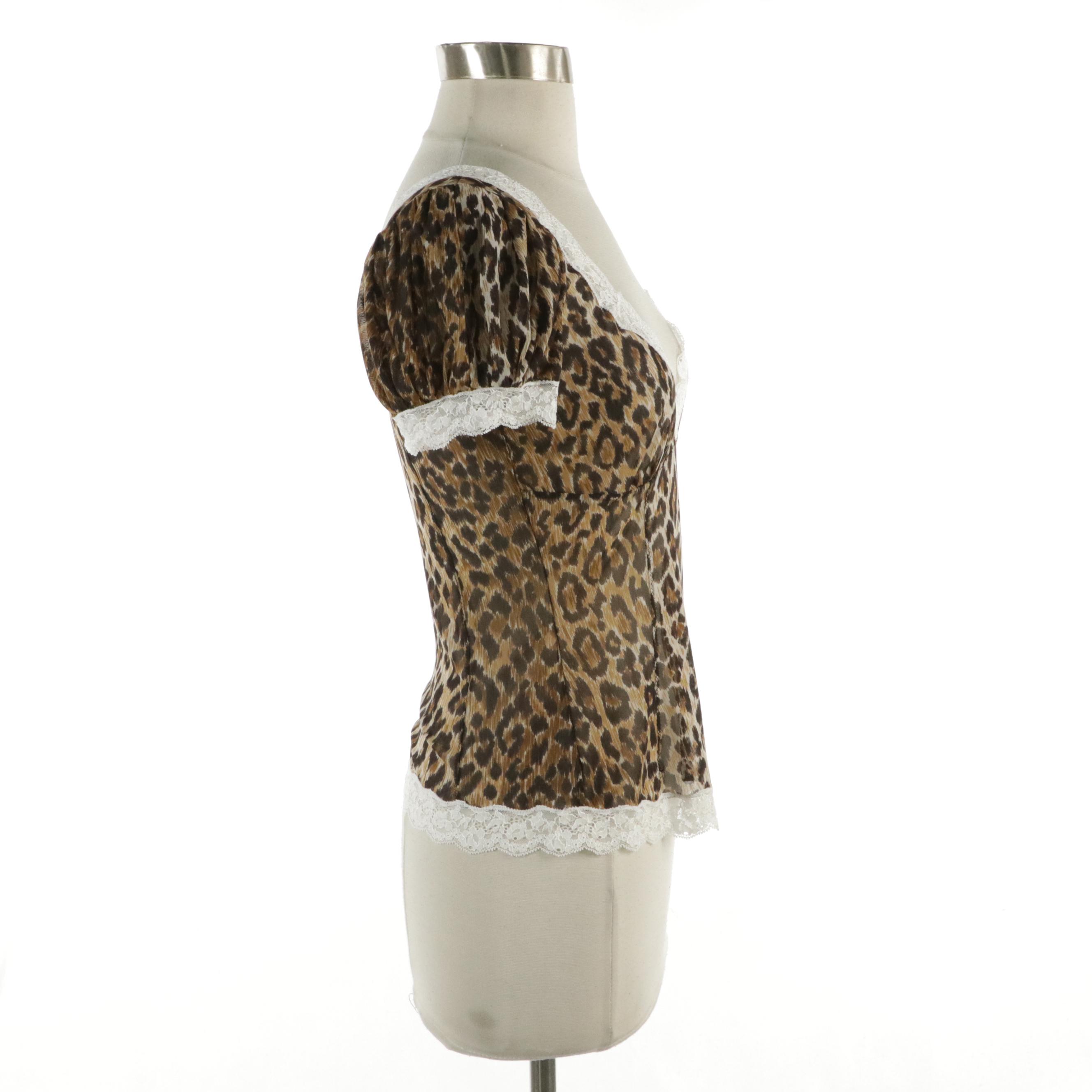 Dolce & Gabbana Puffed Cap-Sleeve Top in Leopard Print Mesh and Lace Trim, 1990s