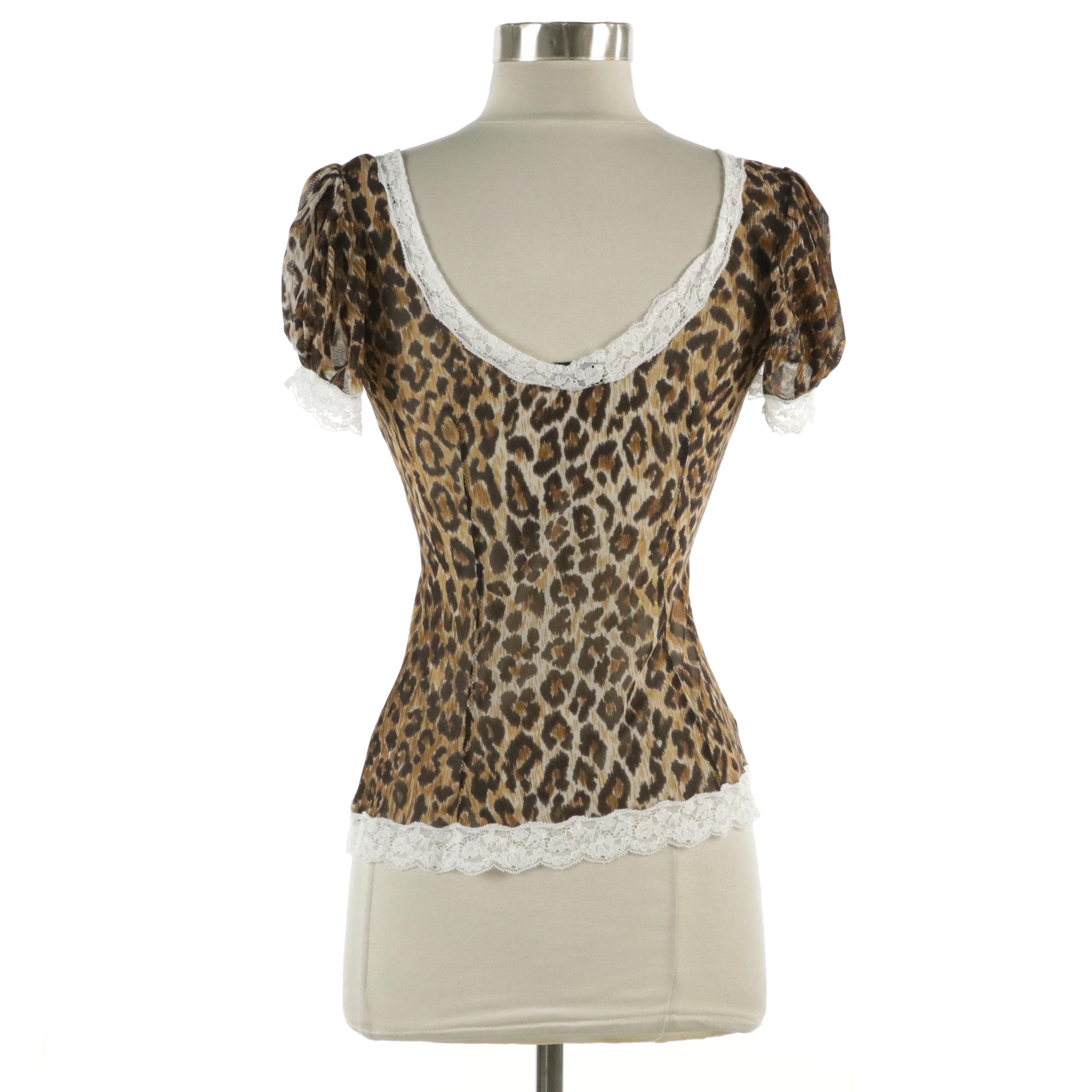 Dolce & Gabbana Puffed Cap-Sleeve Top in Leopard Print Mesh and Lace Trim, 1990s