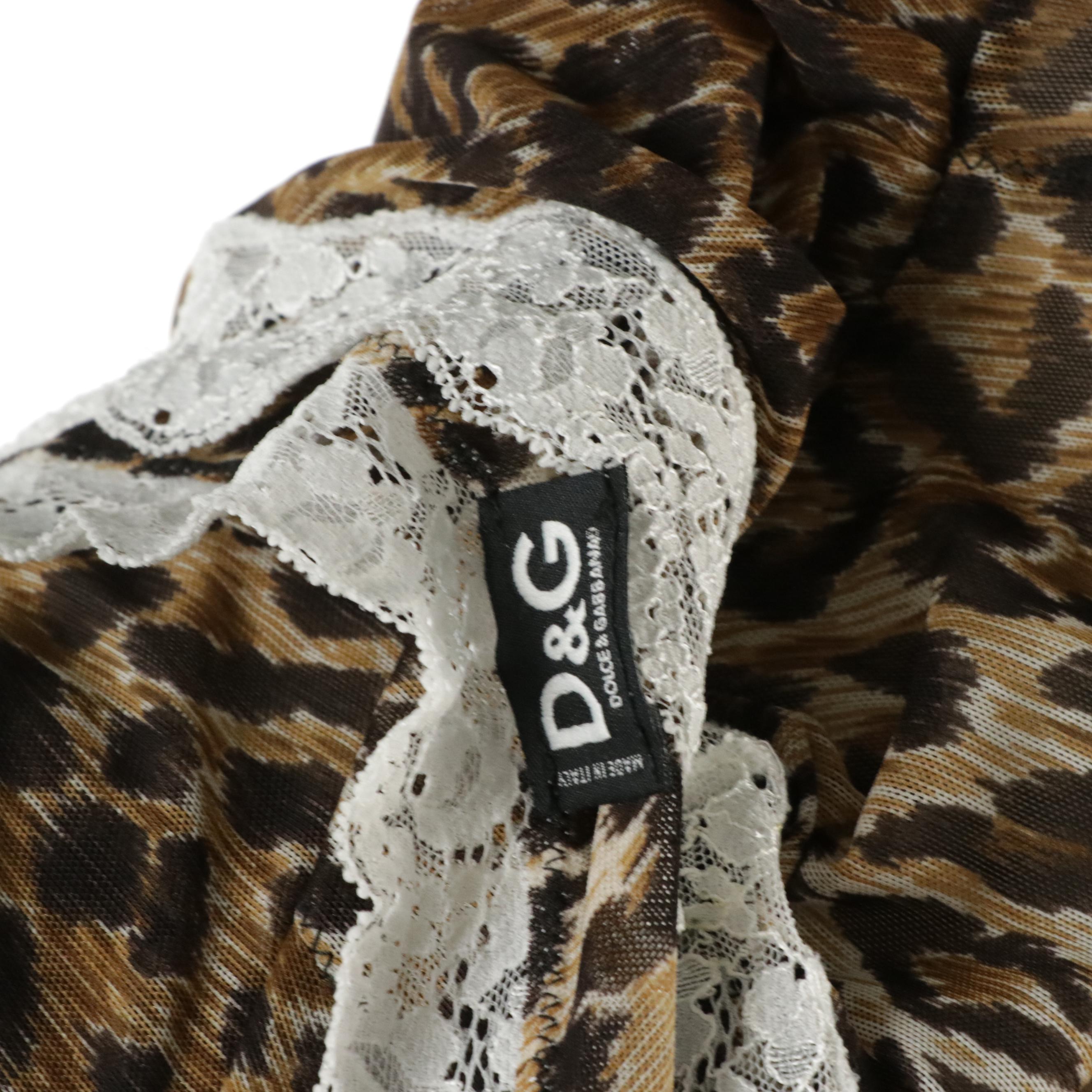 Dolce & Gabbana Puffed Cap-Sleeve Top in Leopard Print Mesh and Lace Trim, 1990s