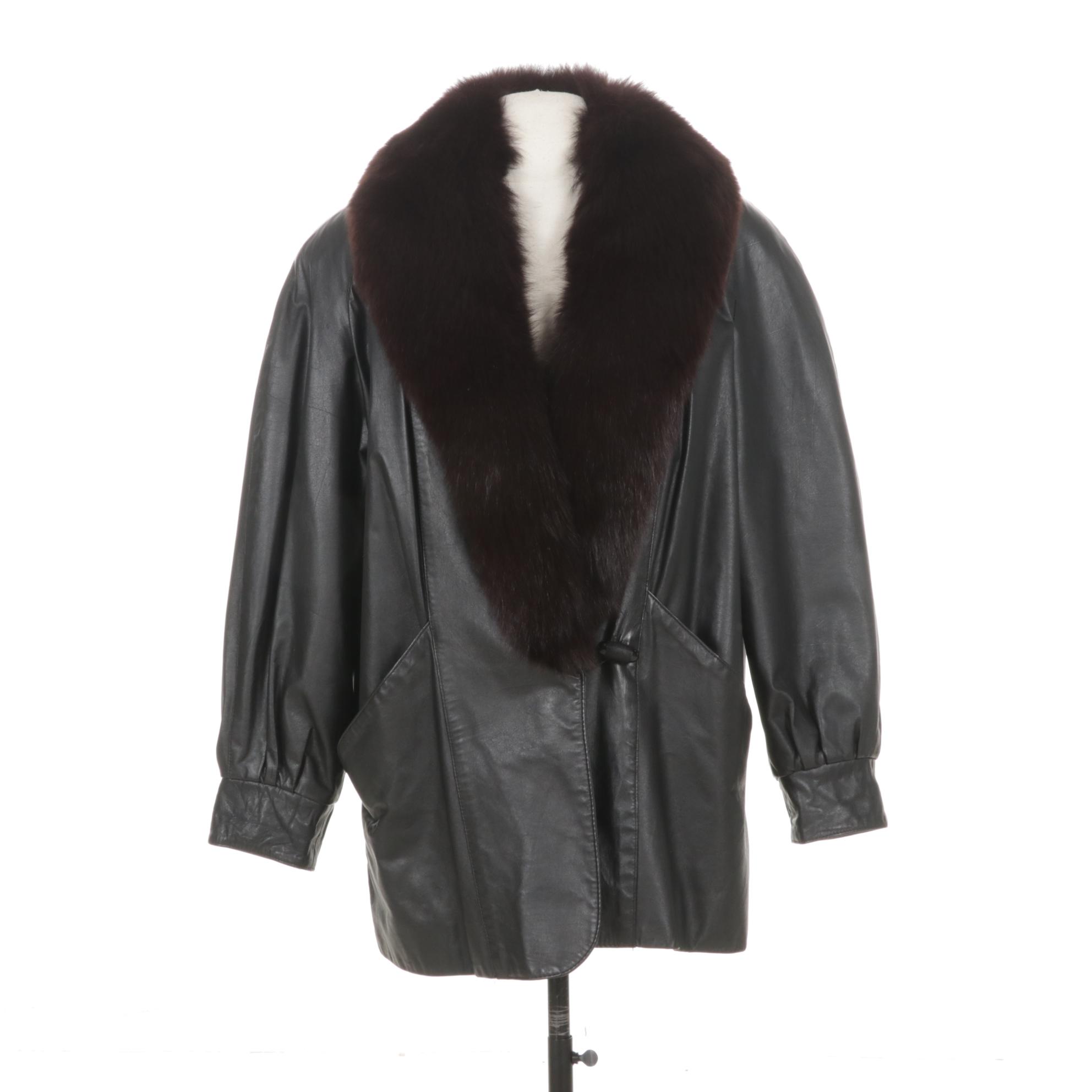 Black Leather Jacket with Fox Fur Collar