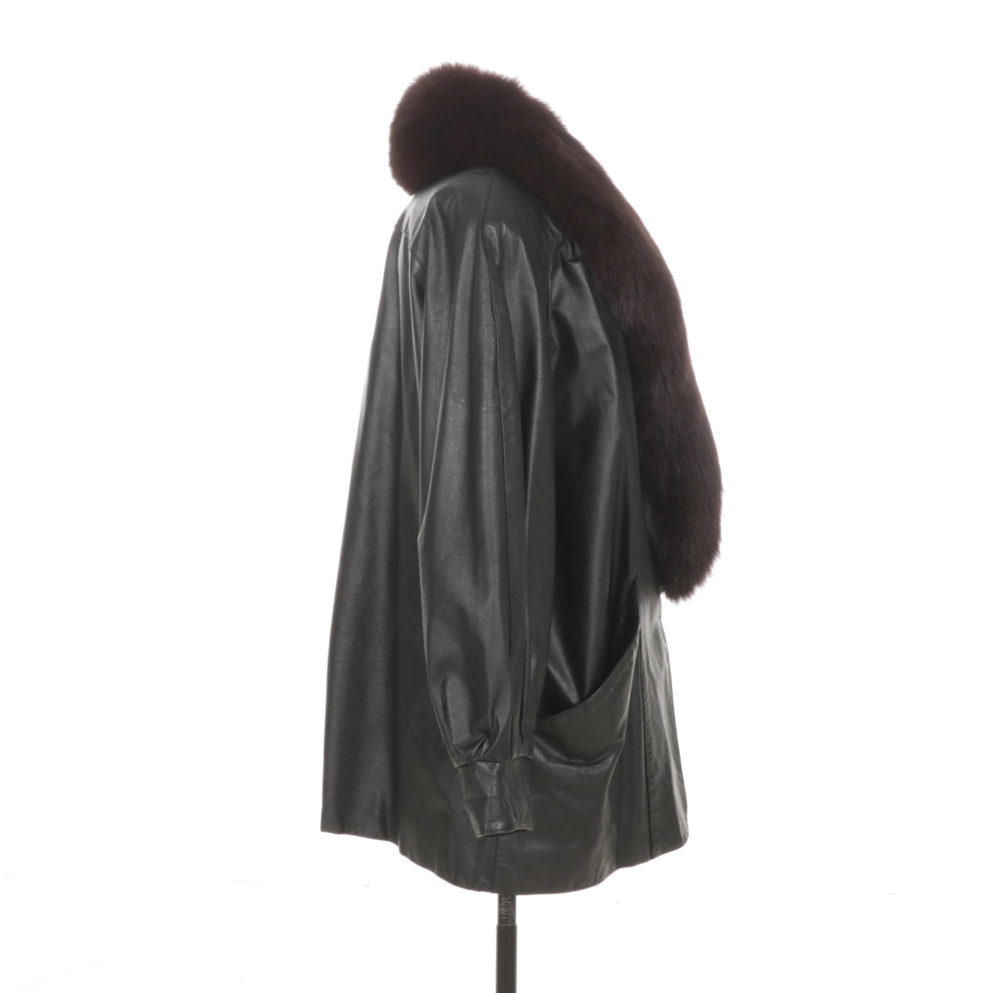 Black Leather Jacket with Fox Fur Collar