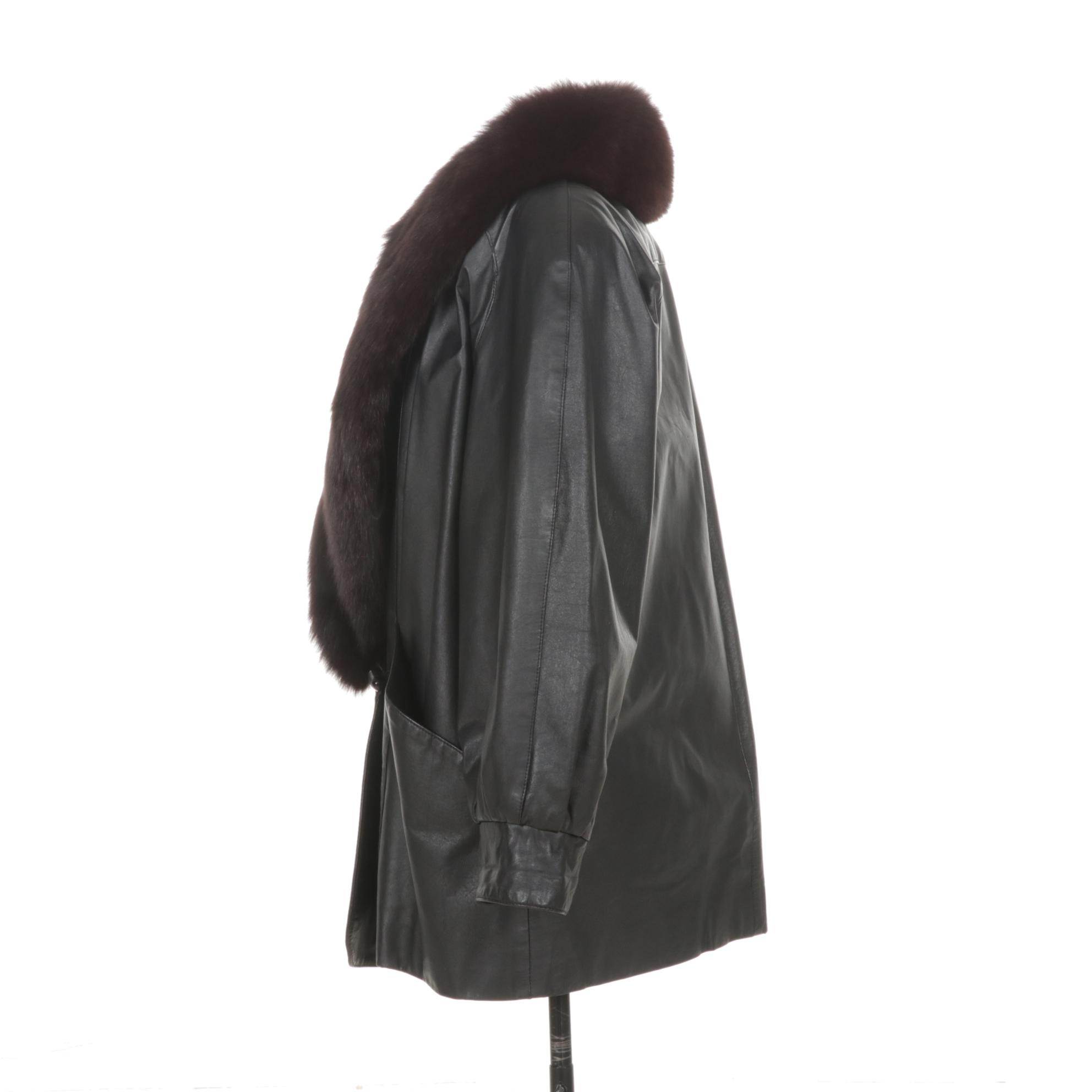 Black Leather Jacket with Fox Fur Collar