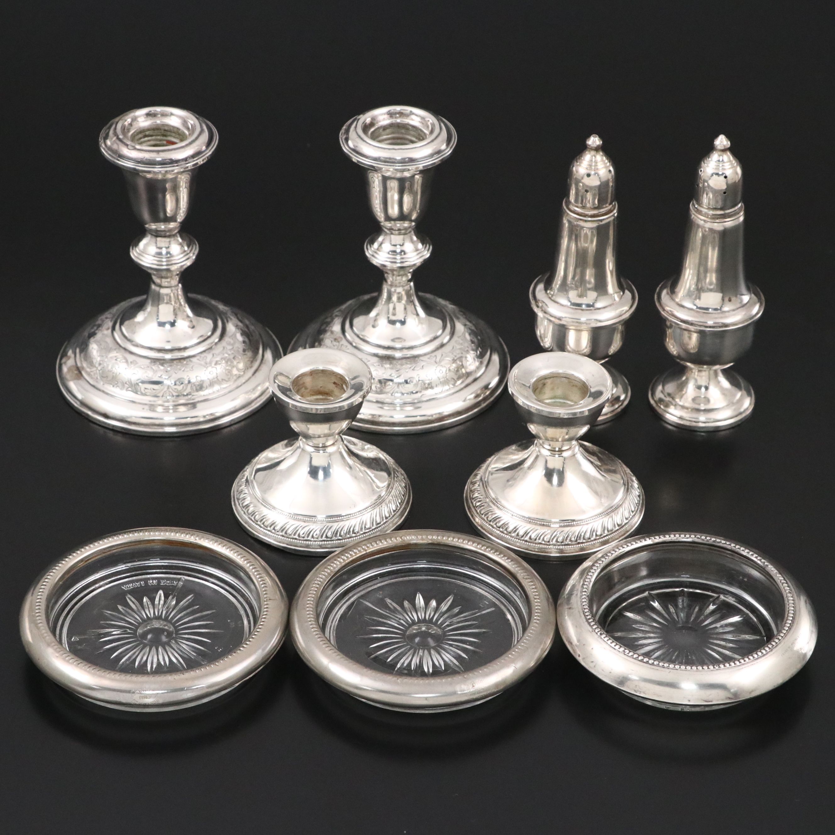 Sterling Silver Candlesticks, Shakers and Coaster, Pair of Silver Plate Coasters
