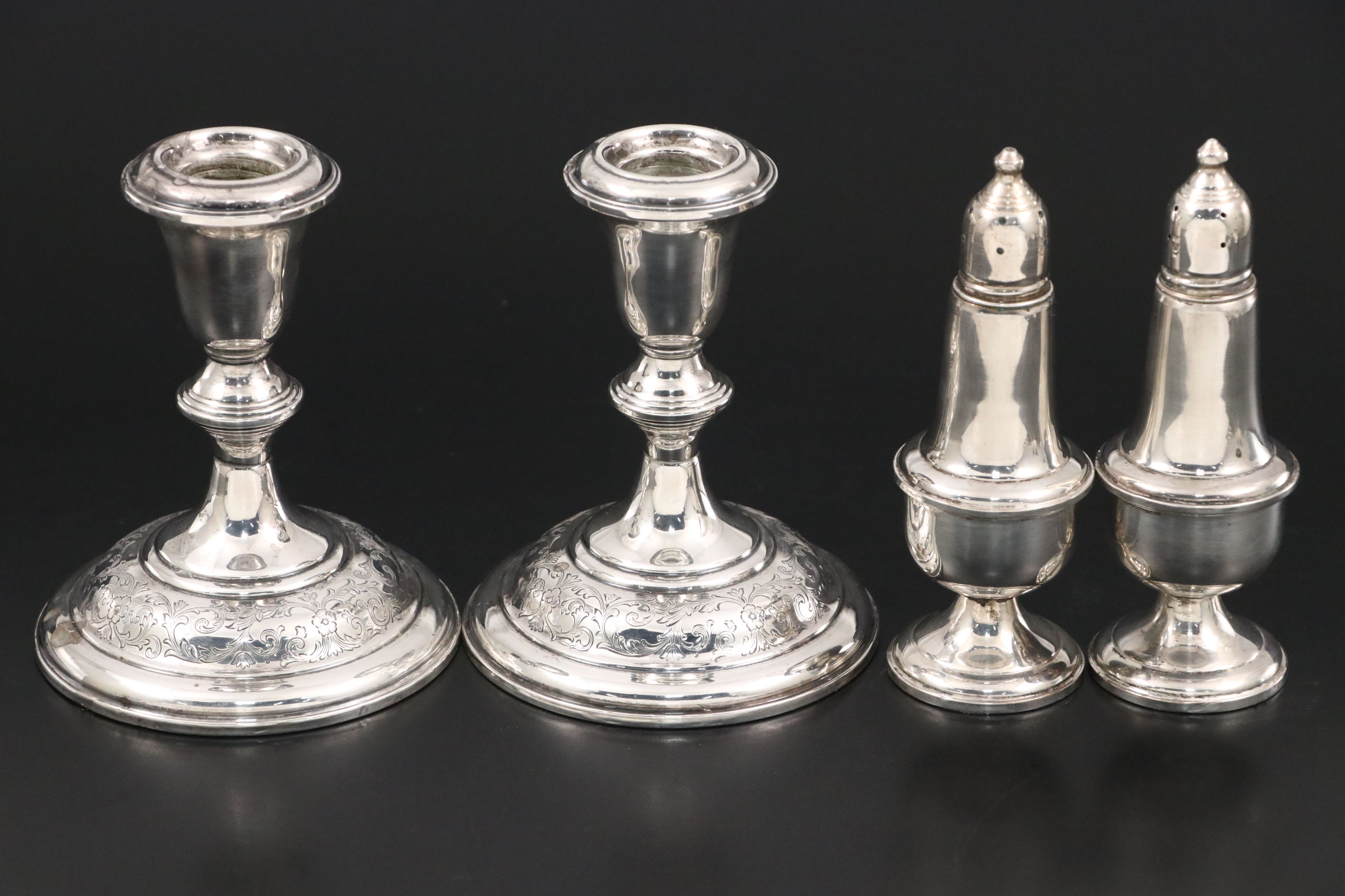Sterling Silver Candlesticks, Shakers and Coaster, Pair of Silver Plate Coasters