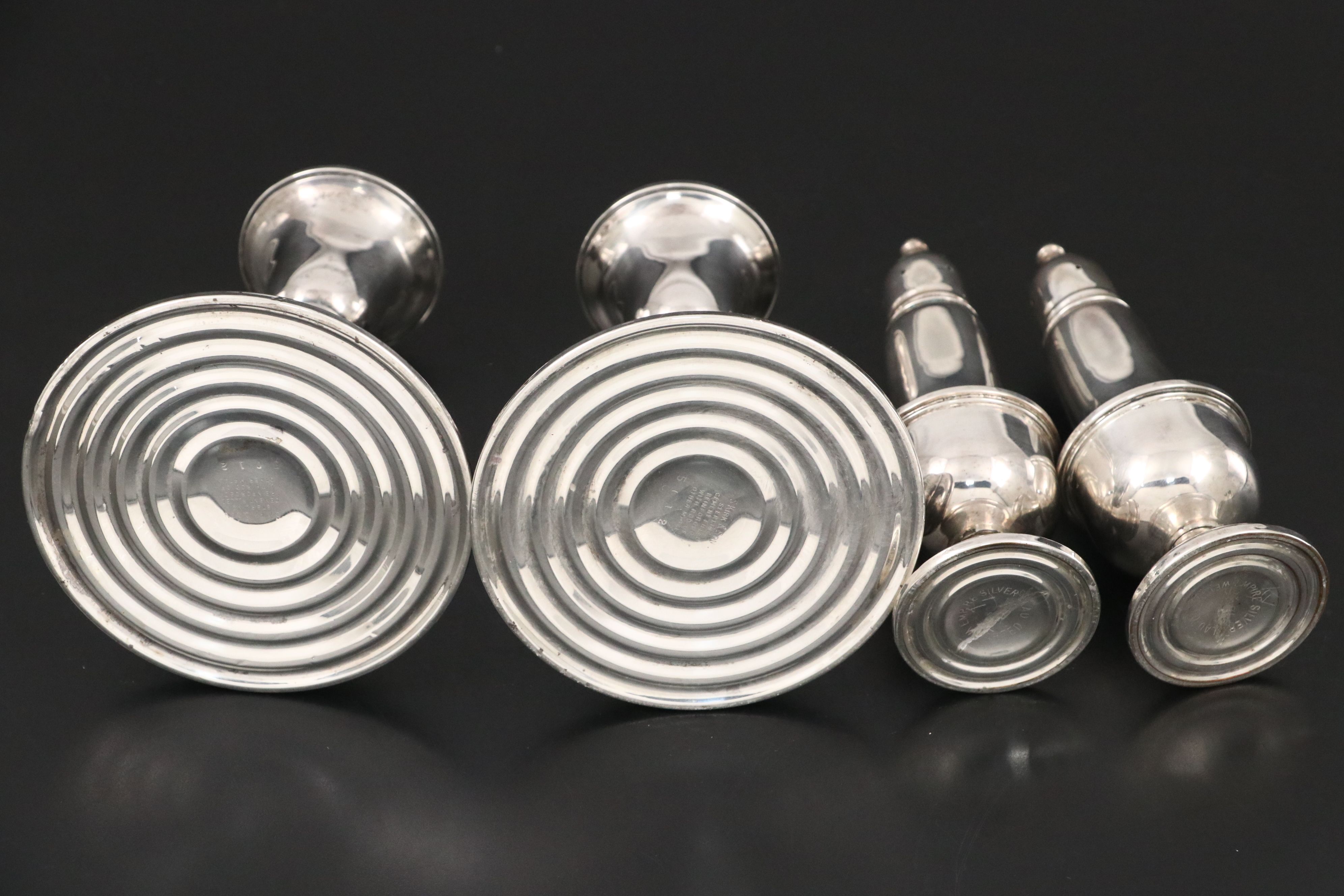 Sterling Silver Candlesticks, Shakers and Coaster, Pair of Silver Plate Coasters