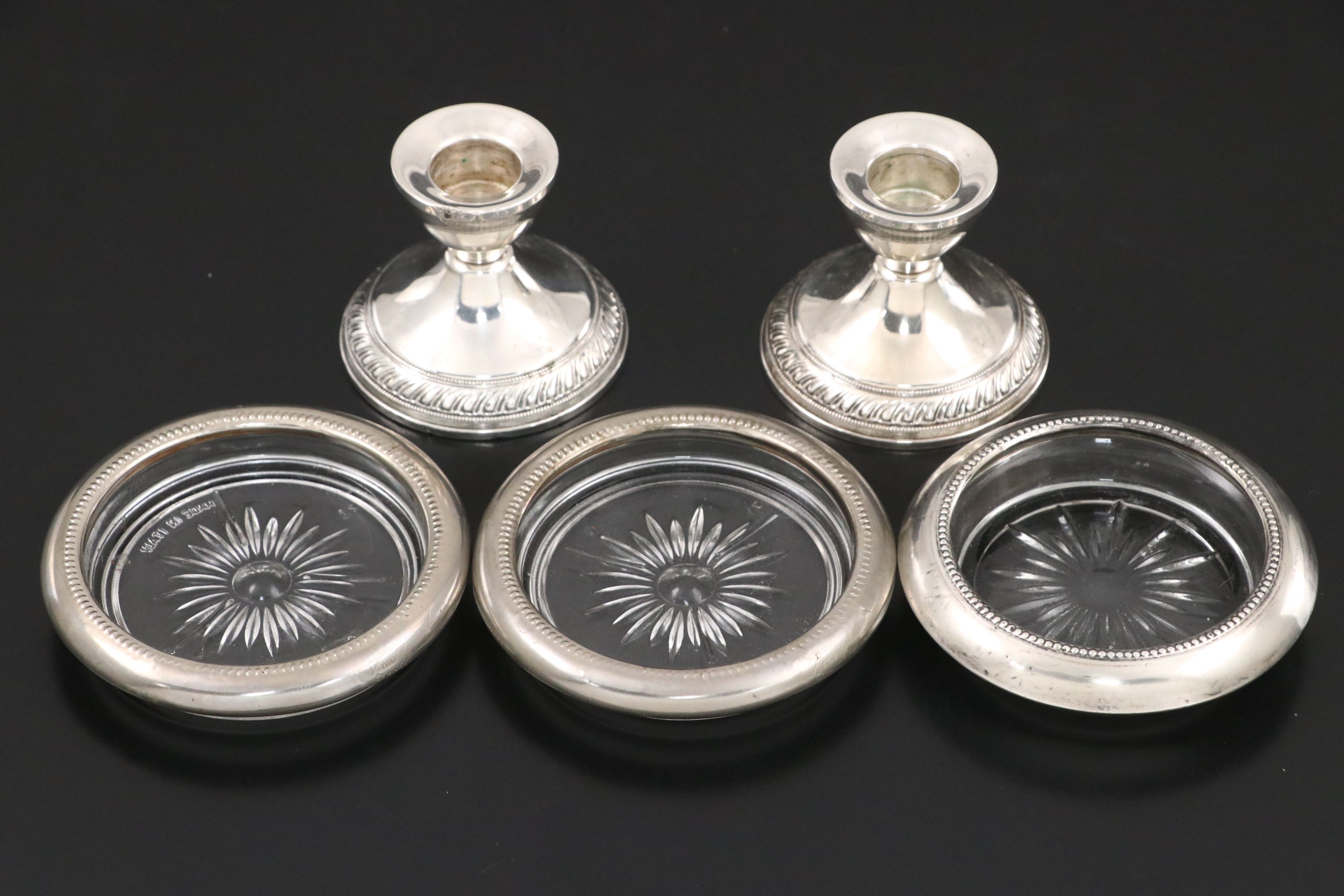 Sterling Silver Candlesticks, Shakers and Coaster, Pair of Silver Plate Coasters