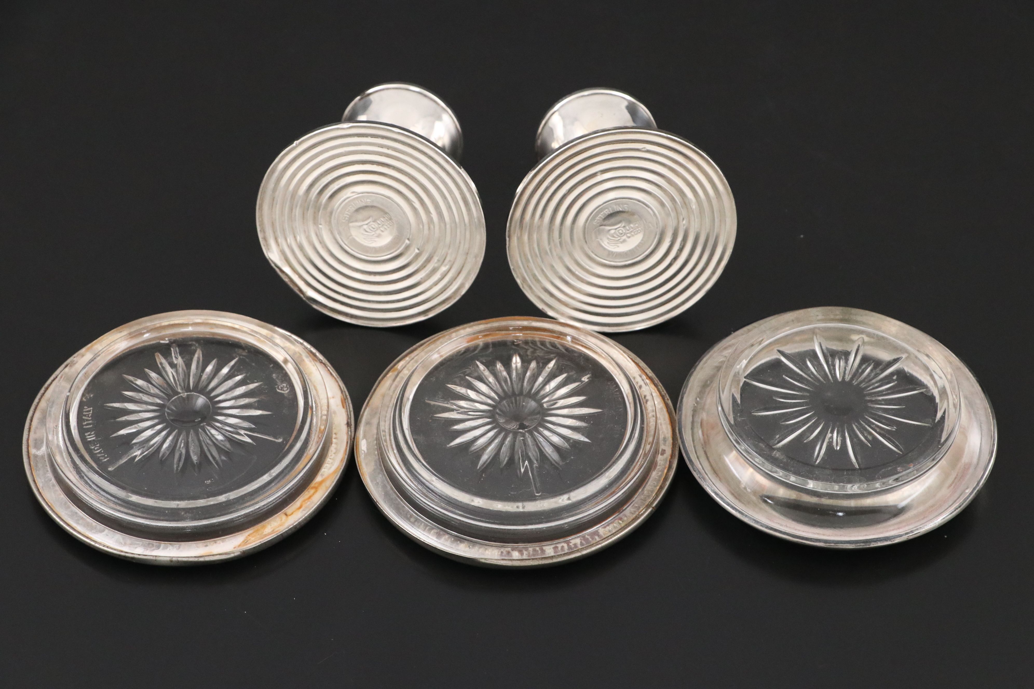 Sterling Silver Candlesticks, Shakers and Coaster, Pair of Silver Plate Coasters