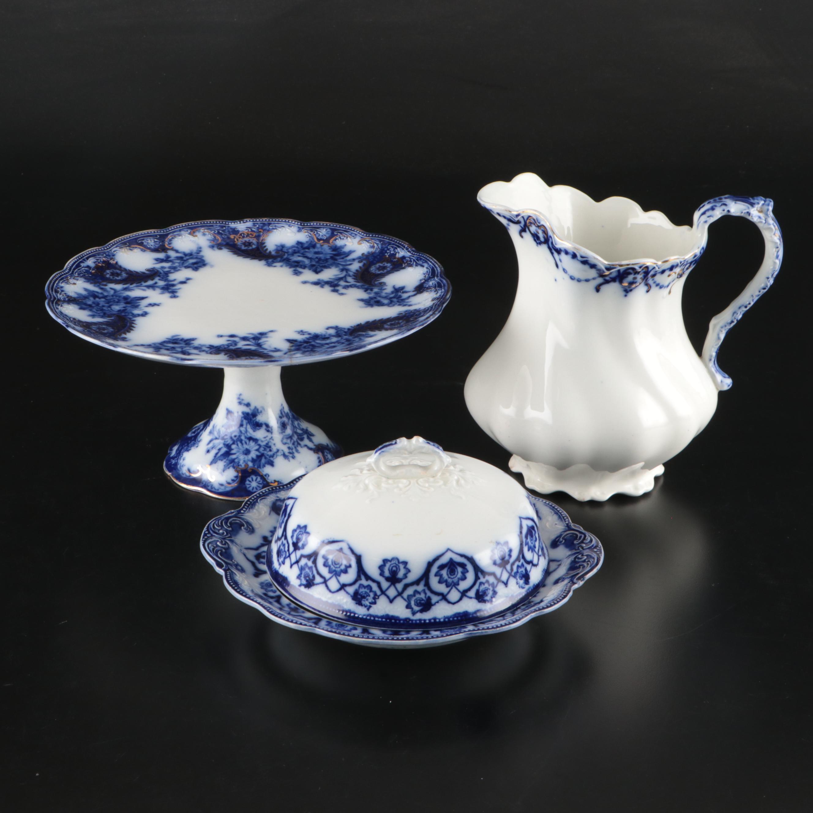 Wood & Son "Lois" Cake Stand with Other English Flow Blue Tableware