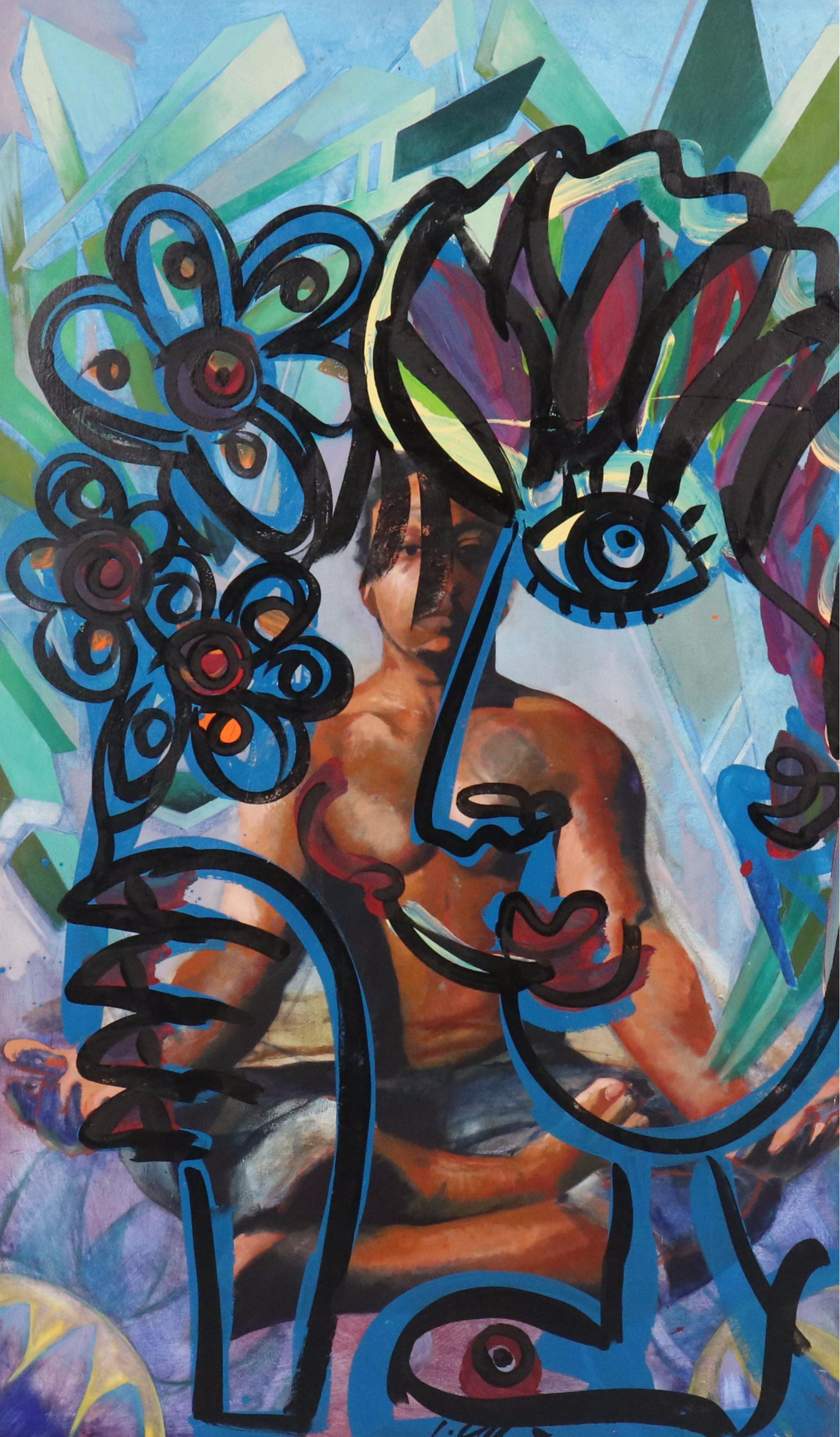 Peter Keil Abstract Acrylic Portrait Over Found Oil Painting, Late 20th–21st C.