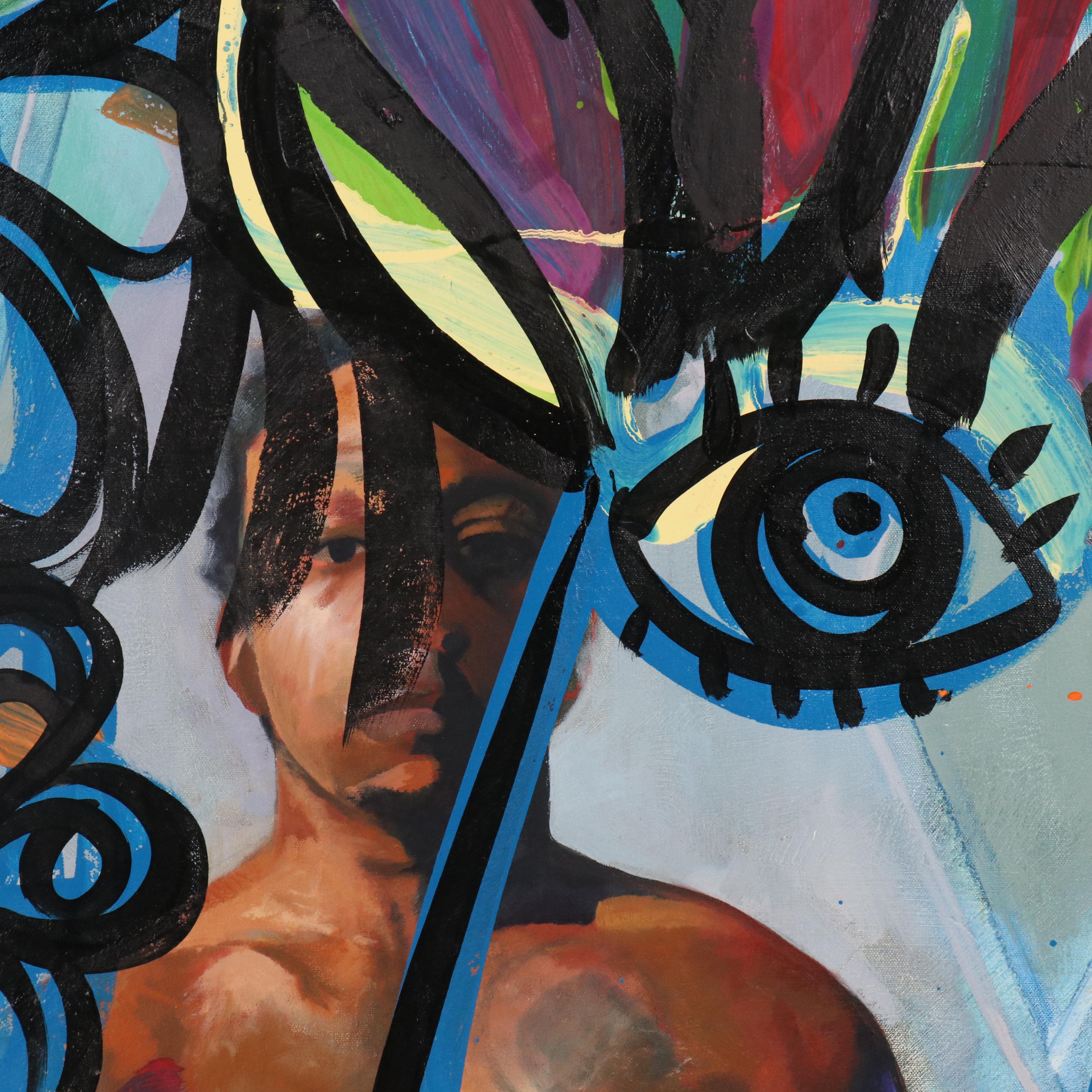 Peter Keil Abstract Acrylic Portrait Over Found Oil Painting, Late 20th–21st C.