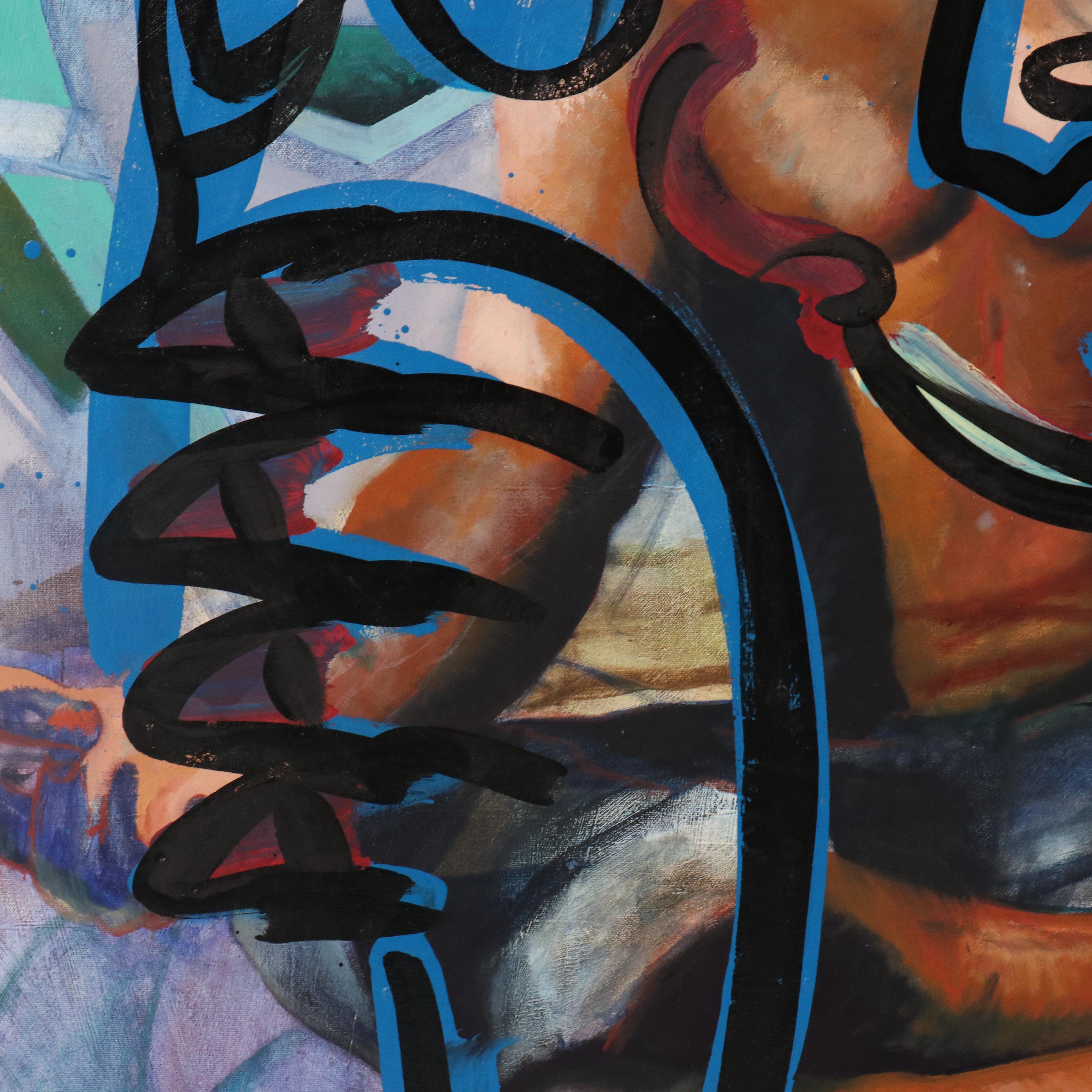 Peter Keil Abstract Acrylic Portrait Over Found Oil Painting, Late 20th–21st C.