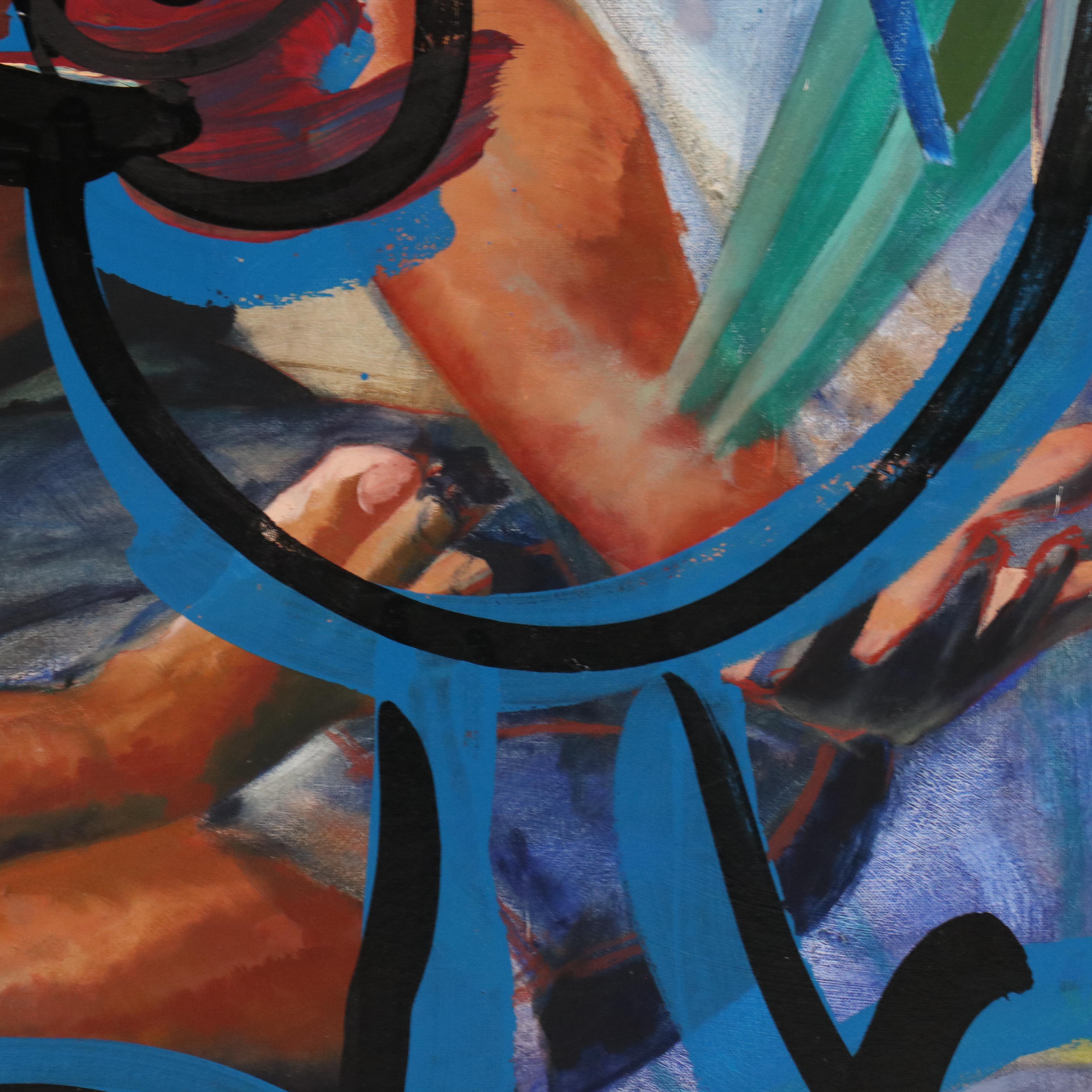 Peter Keil Abstract Acrylic Portrait Over Found Oil Painting, Late 20th–21st C.