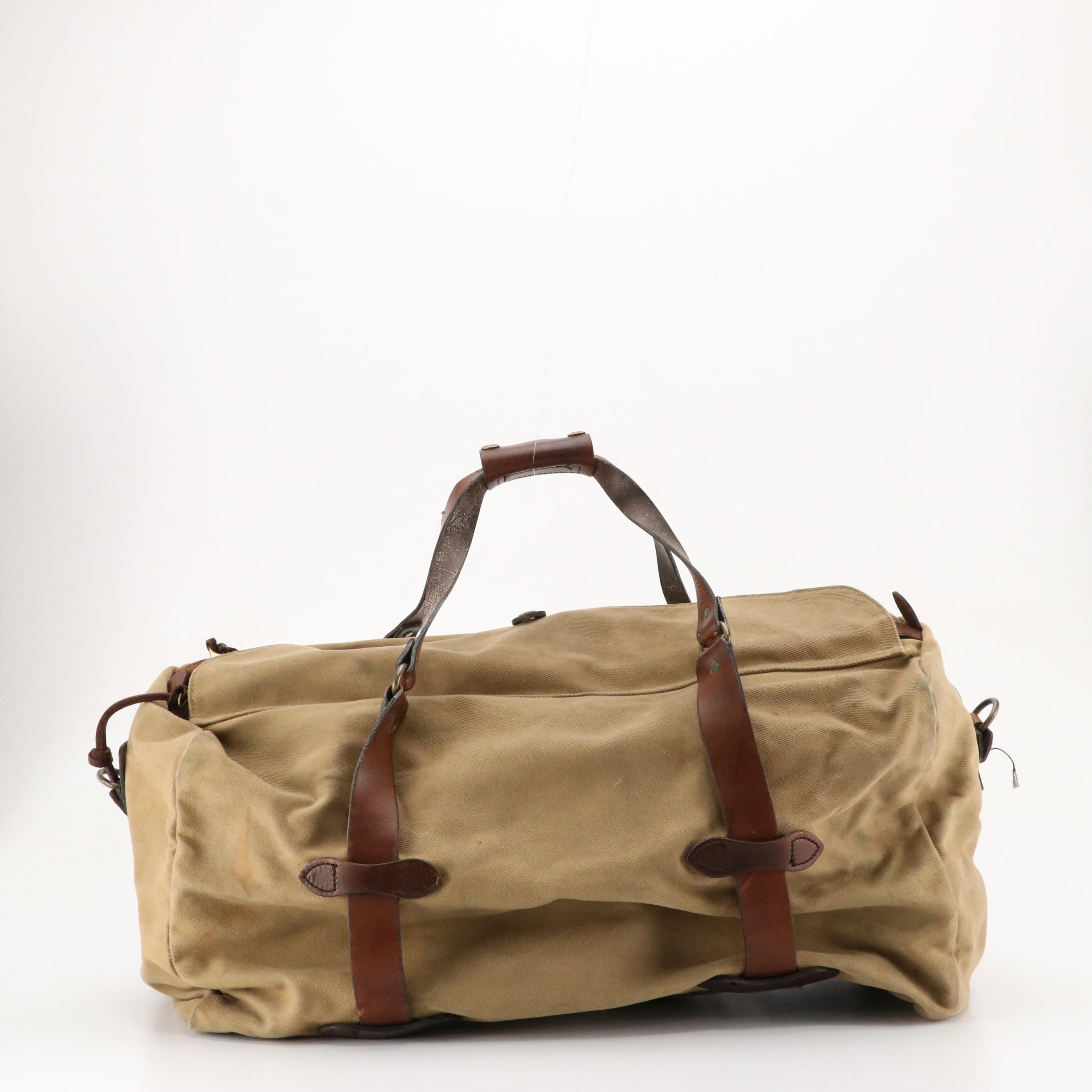 Filson Large Two-Way Duffle Bag in Beige Canvas and Leather Trim