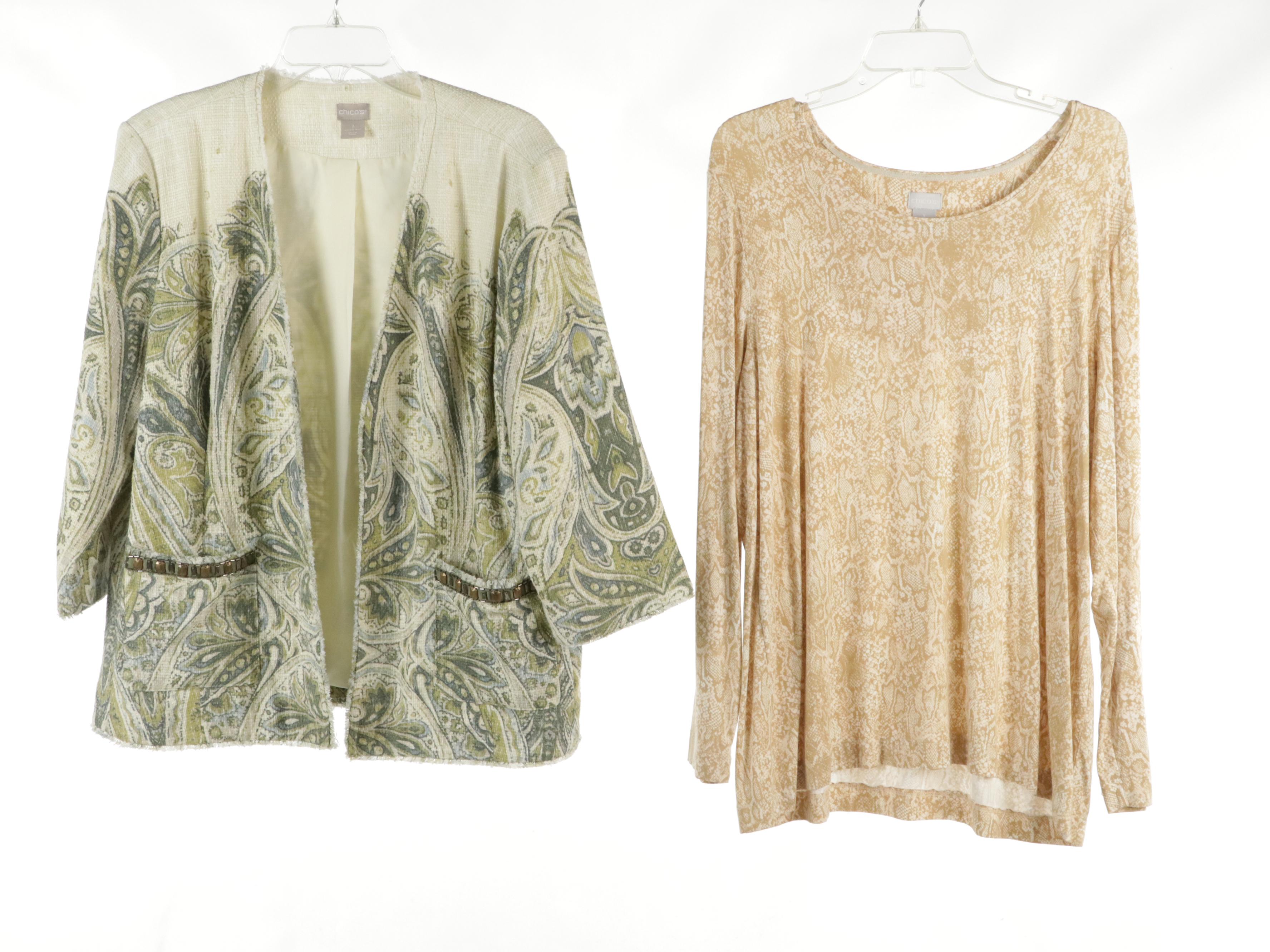 Chico's Bead Embellished Jacket, Sleeveless Tops, and Printed Top