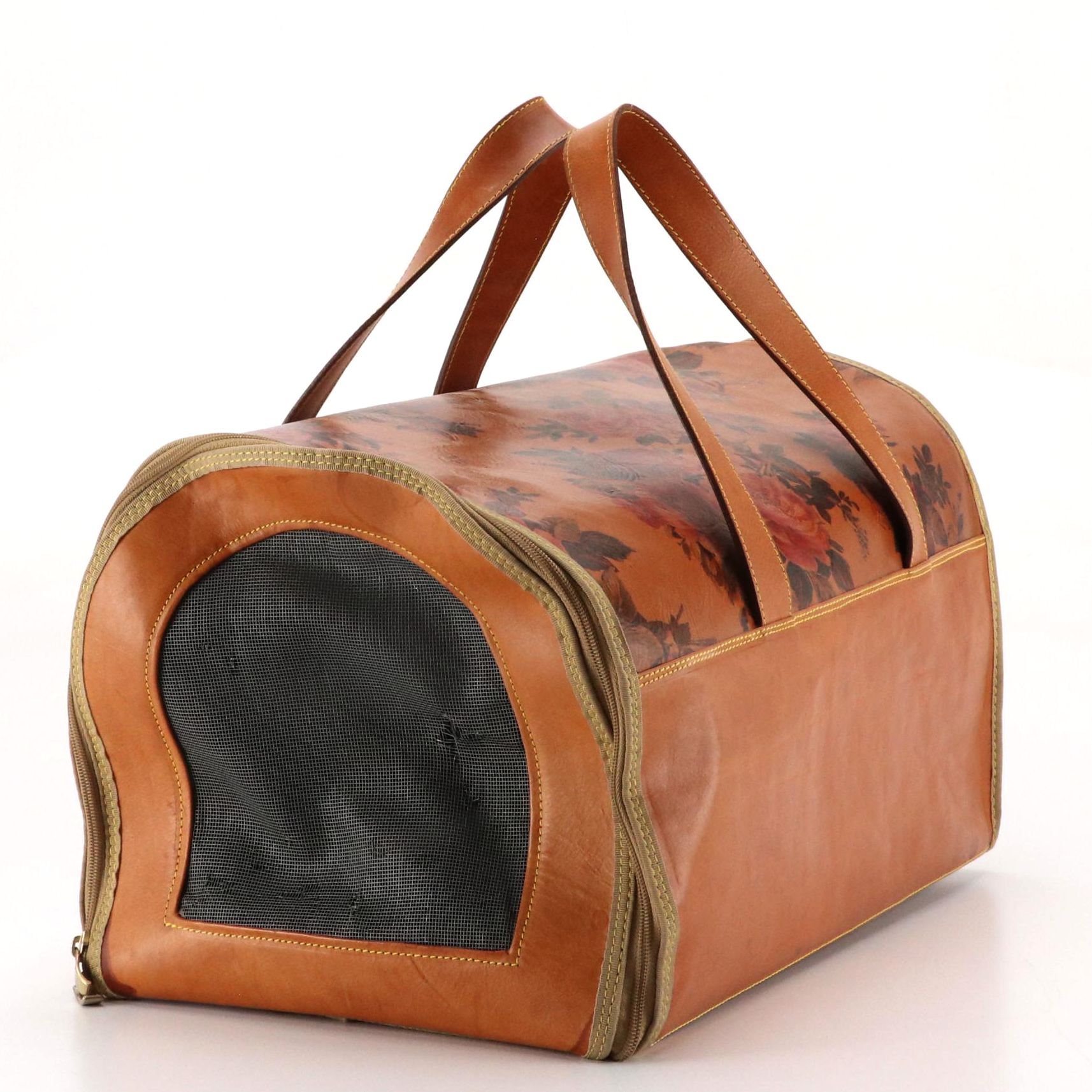 Animal Carrier in Rose Printed Brown Leather