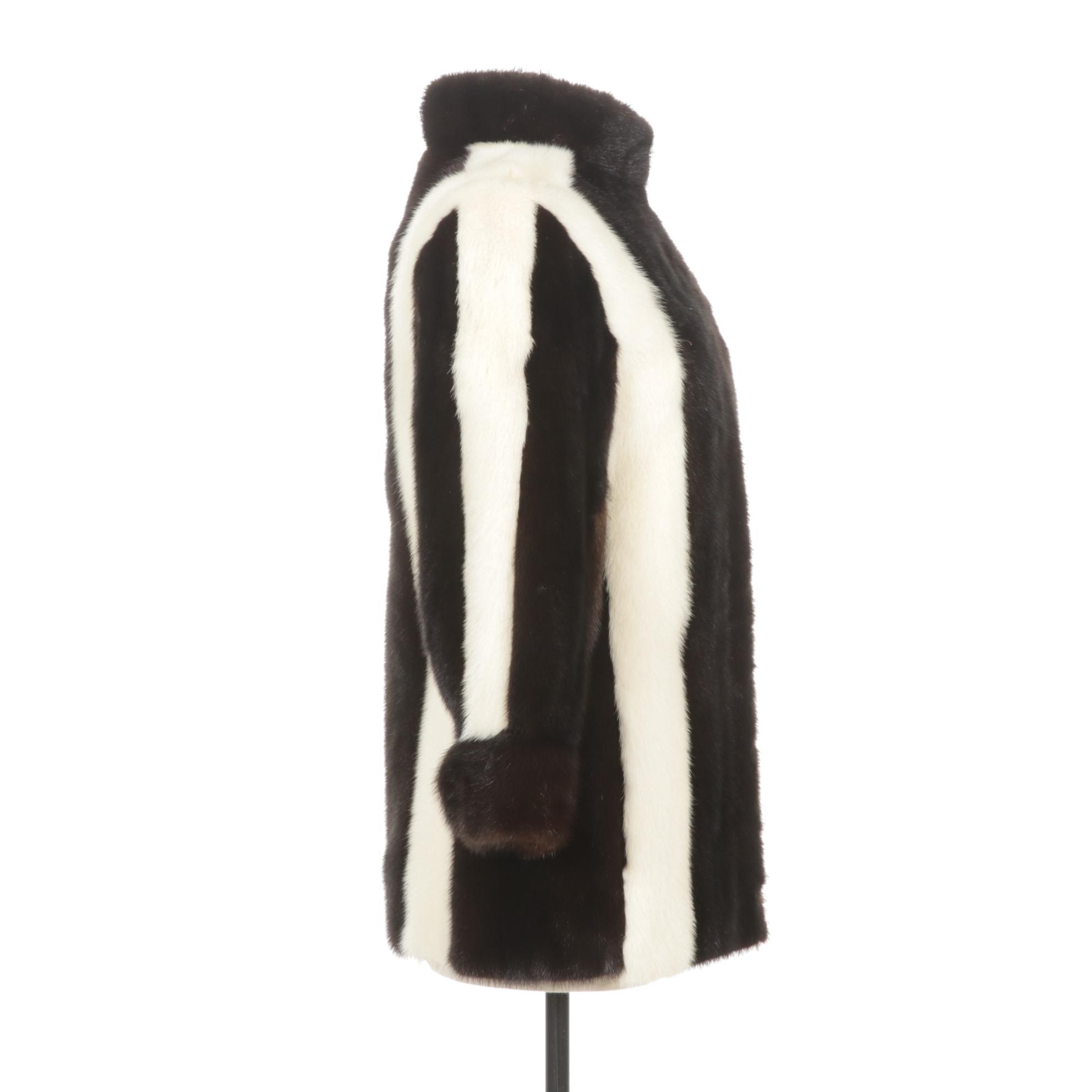 Striped Black and White Mink Fur Jacket with Two-Way Zippers by I. Magnin & Co.