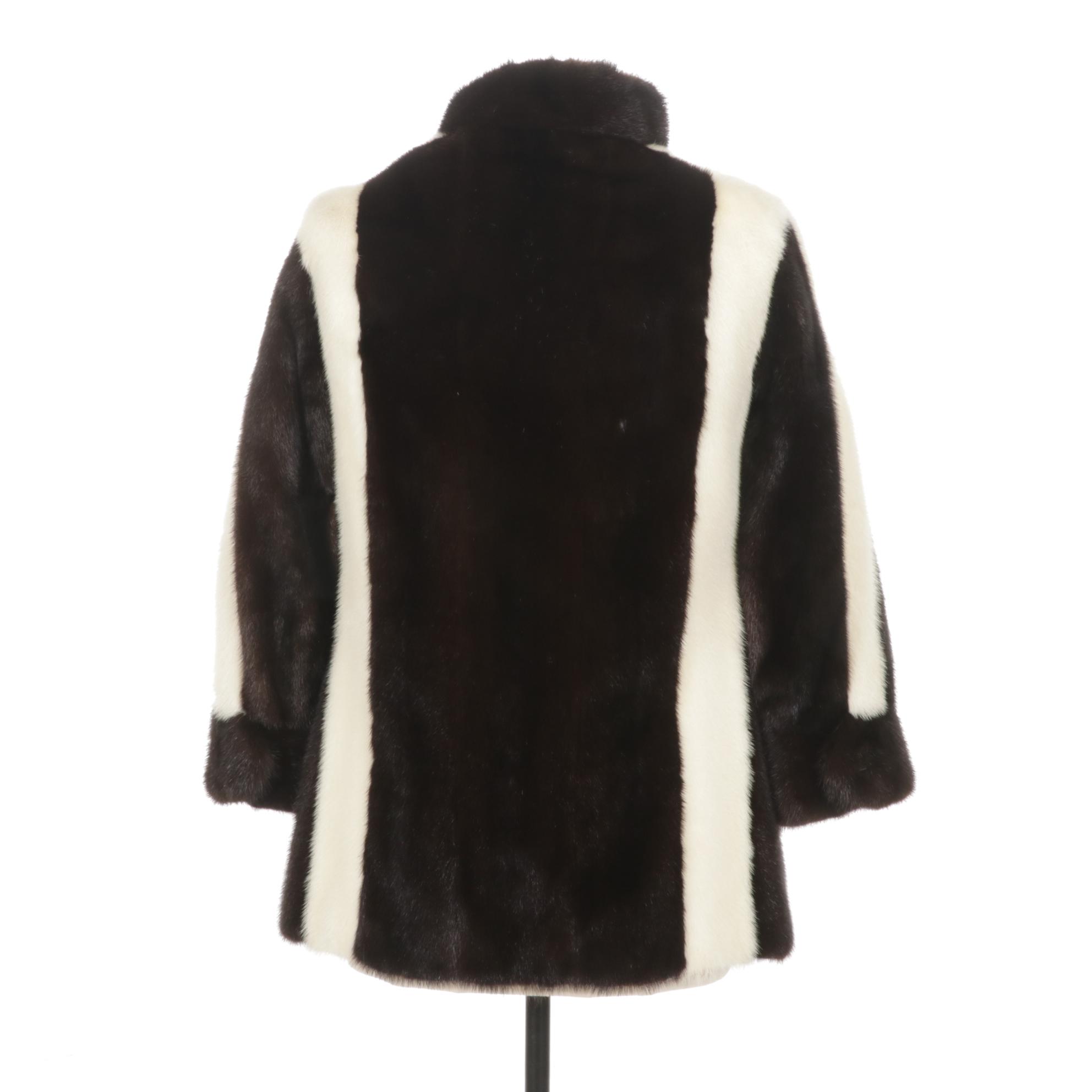 Striped Black and White Mink Fur Jacket with Two-Way Zippers by I. Magnin & Co.