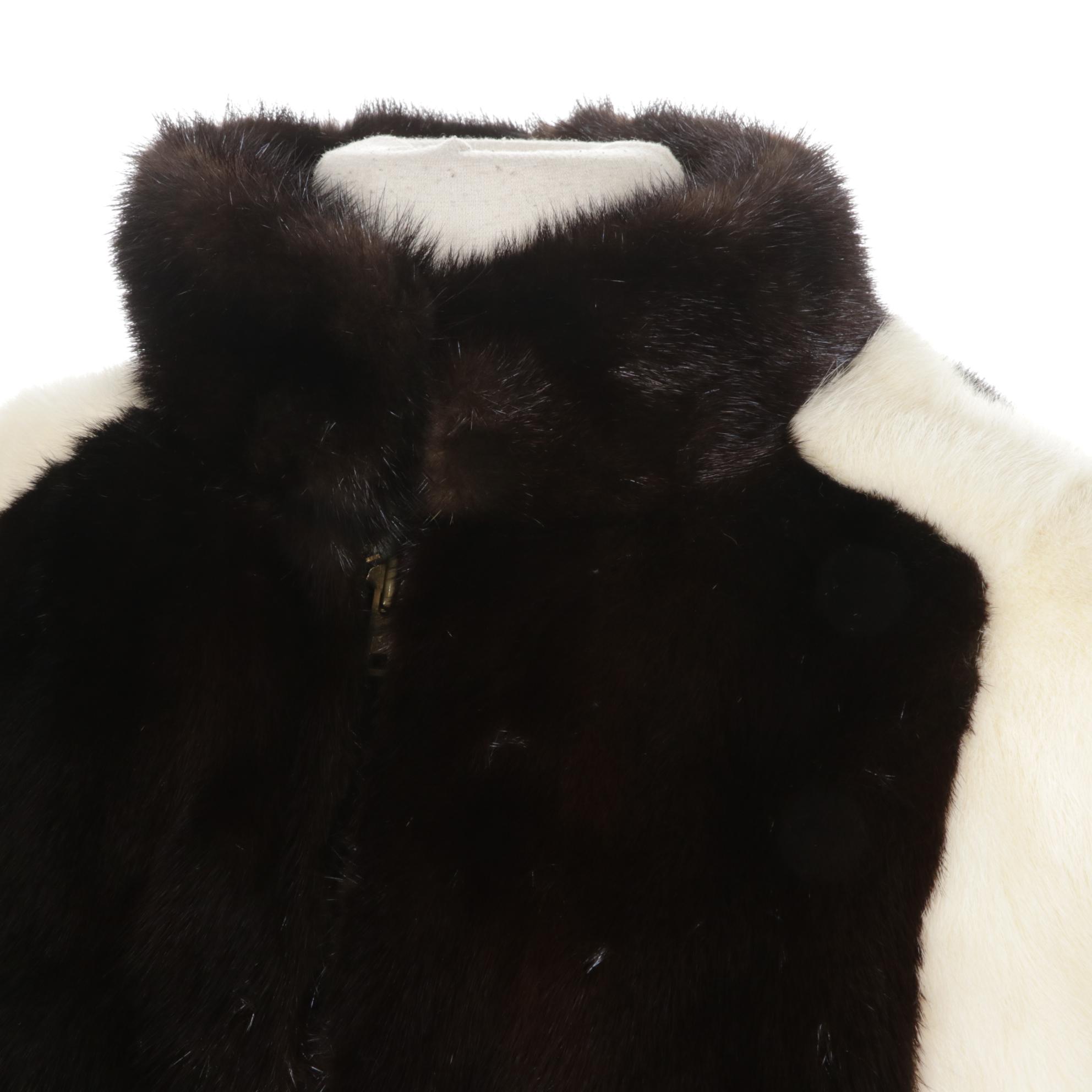 Striped Black and White Mink Fur Jacket with Two-Way Zippers by I. Magnin & Co.