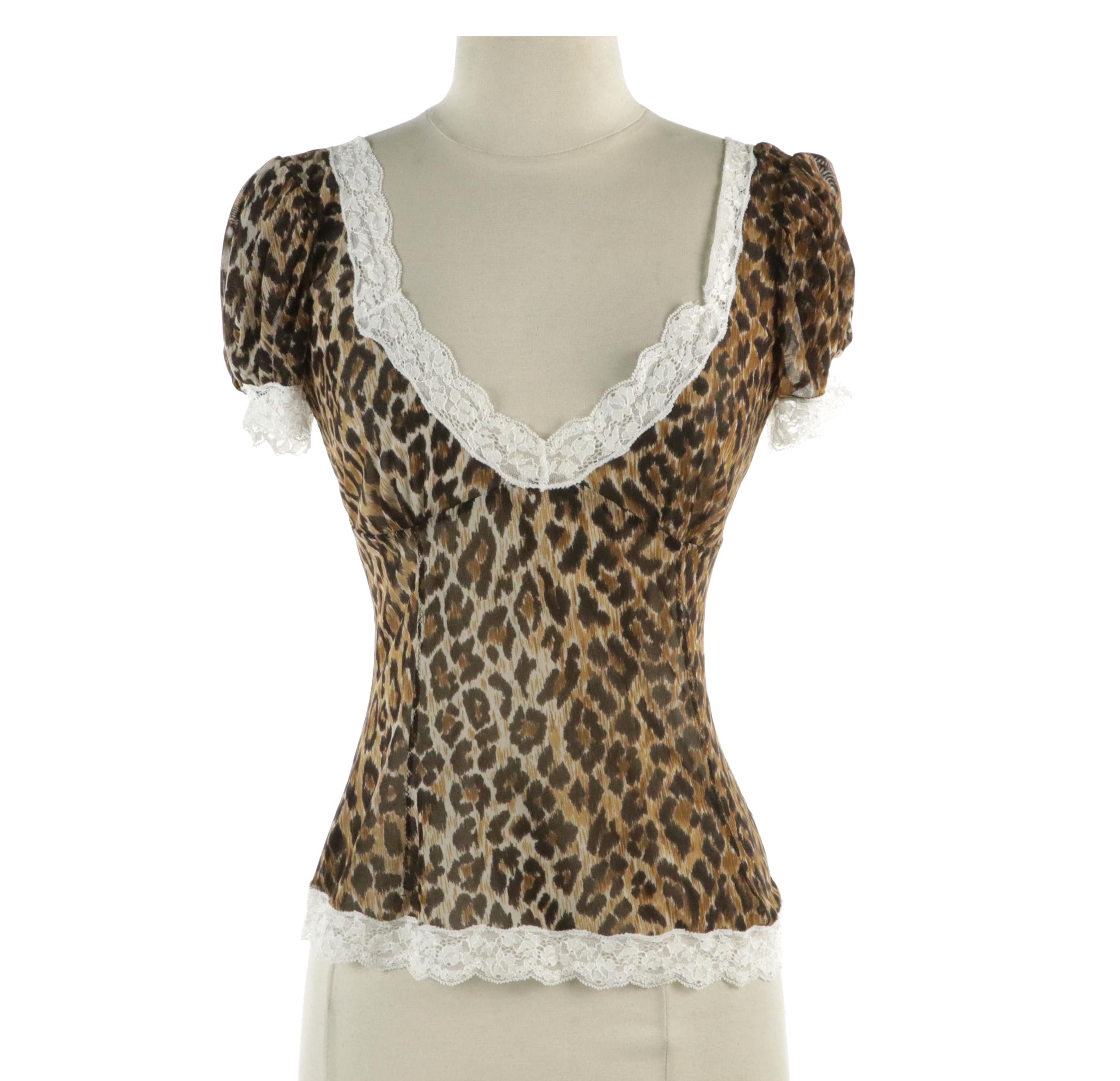 Dolce & Gabbana Puffed Cap-Sleeve Top in Leopard Print Mesh and Lace Trim, 1990s