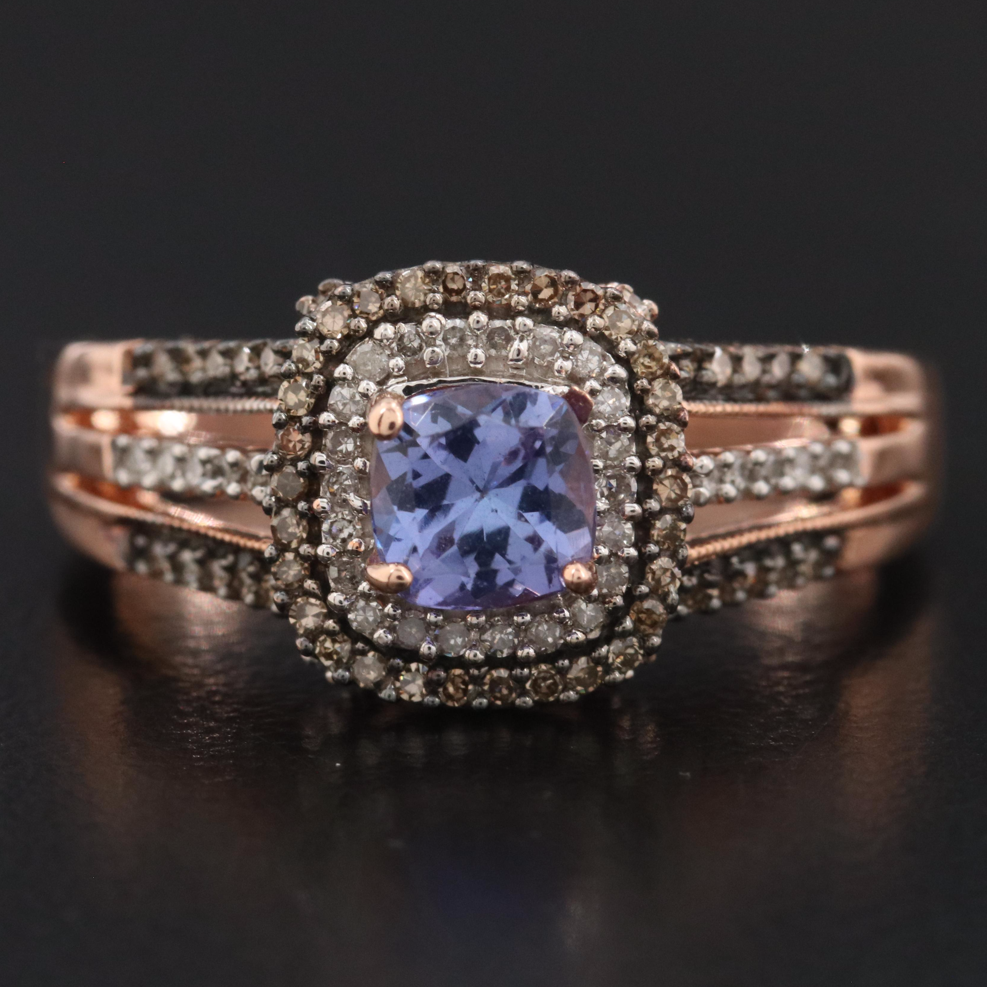14K Rose Gold Tanzanite and Diamond Ring Featuring Fancy Brown