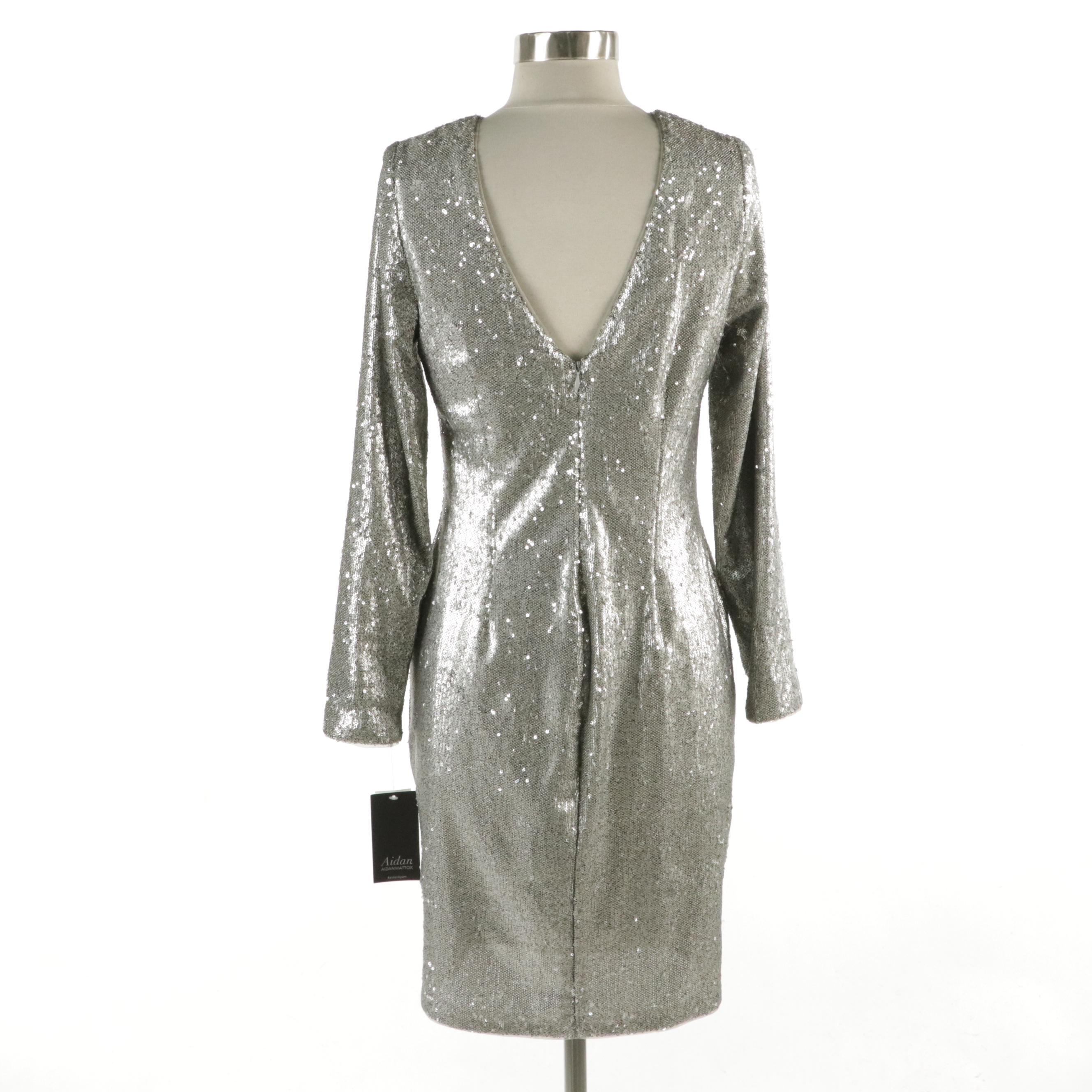 Aidan by Aidan Mattox Silver Sequined Sheath Dress, With Tags