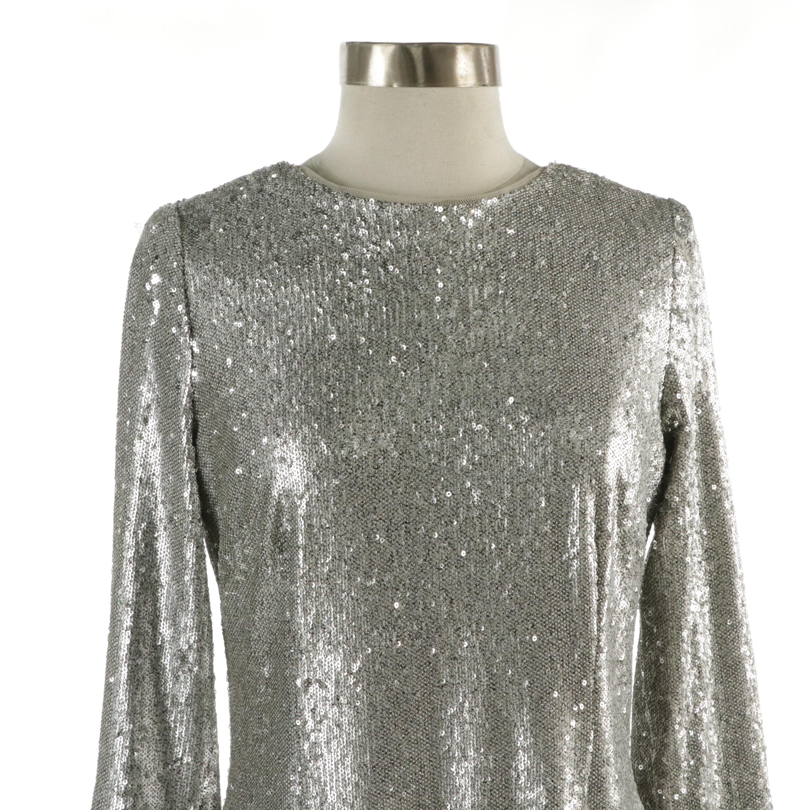 Aidan by Aidan Mattox Silver Sequined Sheath Dress, With Tags