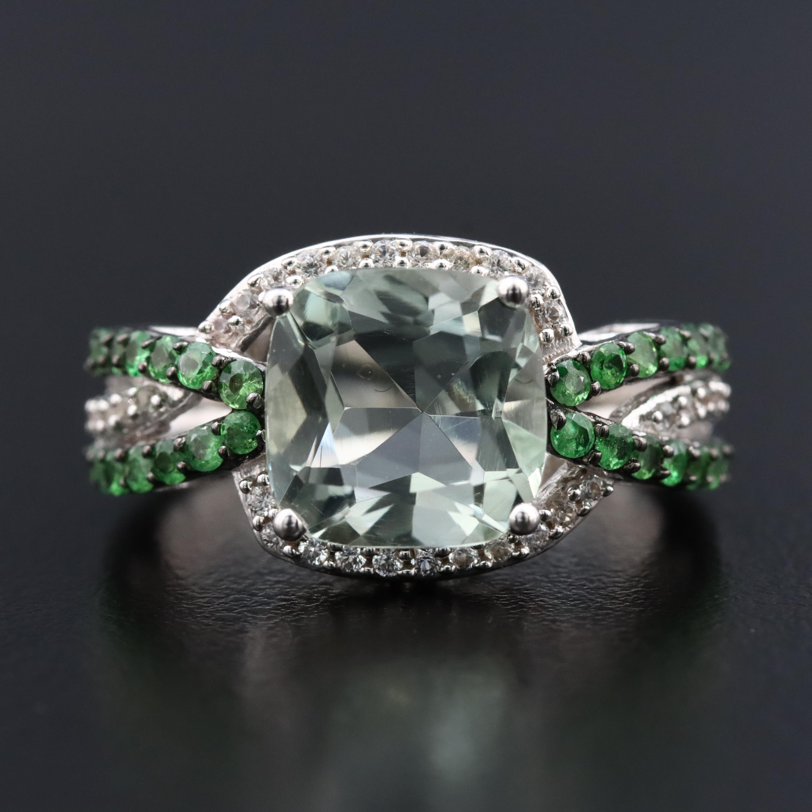 Sterling Prasiolite, Diopside and White Sapphire Ring