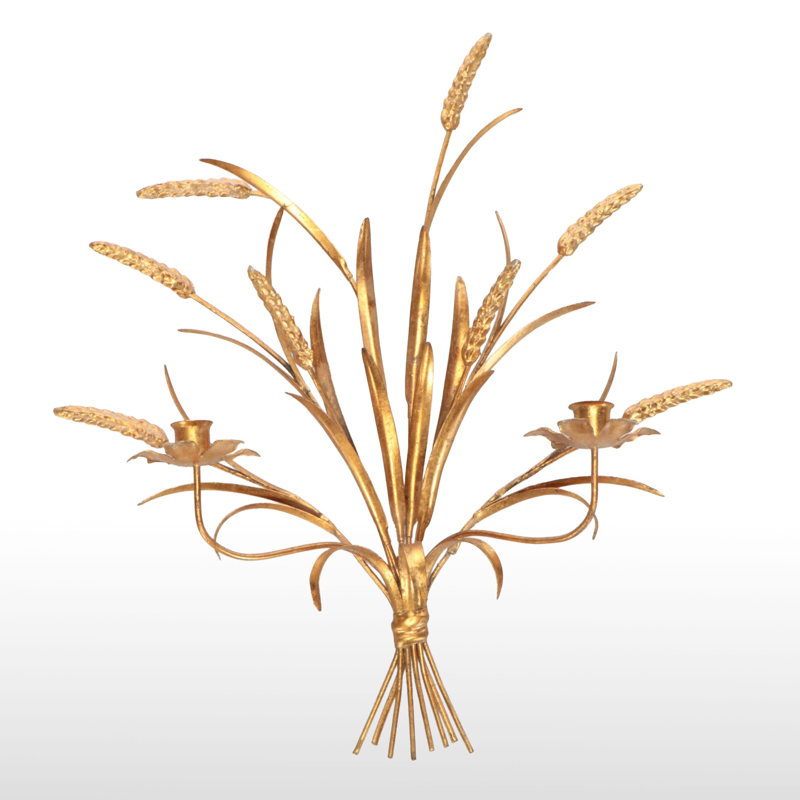 Hollywood Regency Style Gilt Metal Wheat Sheaf Double Arm Wall Candle Sconce