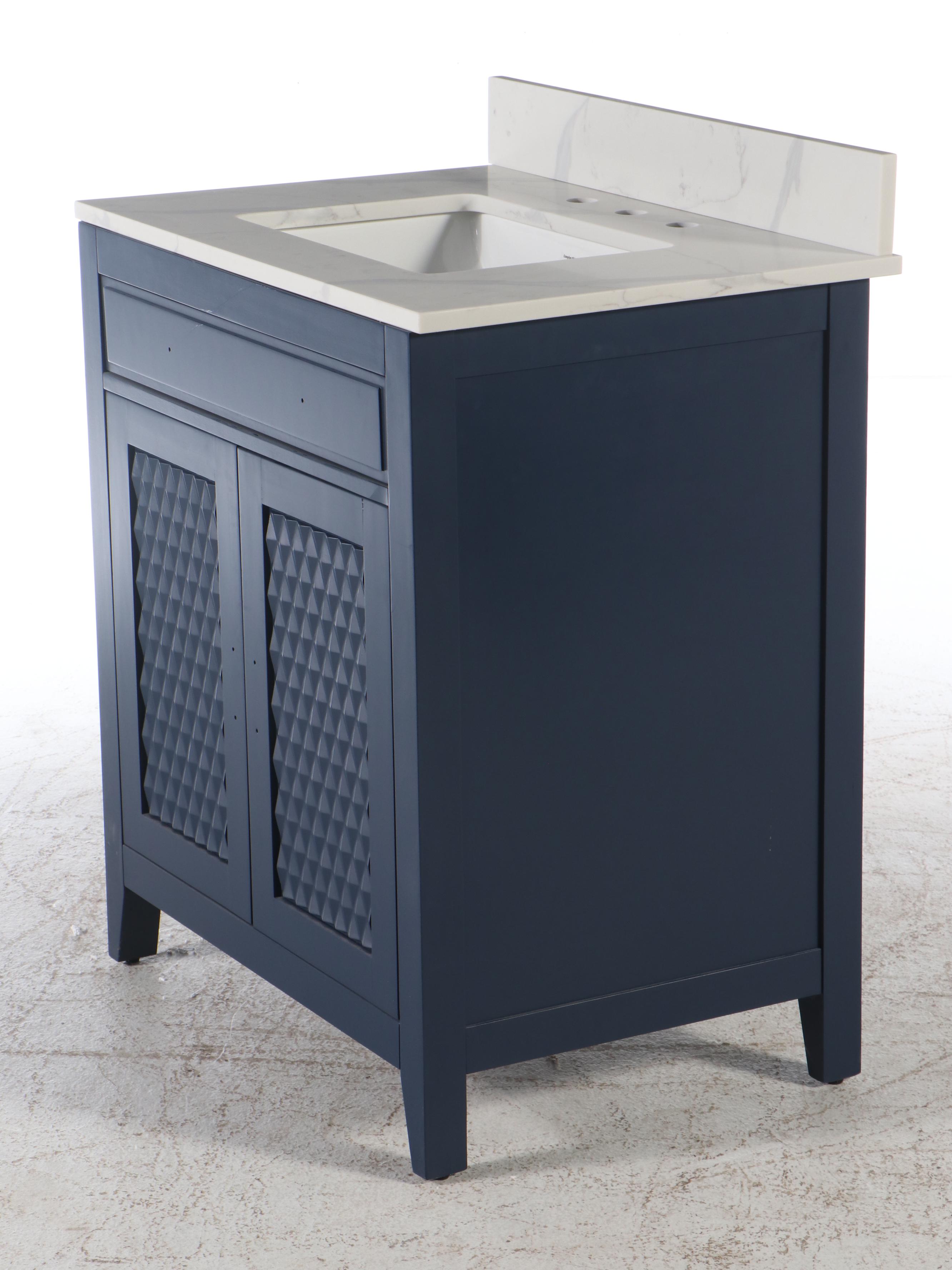 Signature Hardware "Diamond" Marble and Blue-Painted Wood Bathroom Vanity