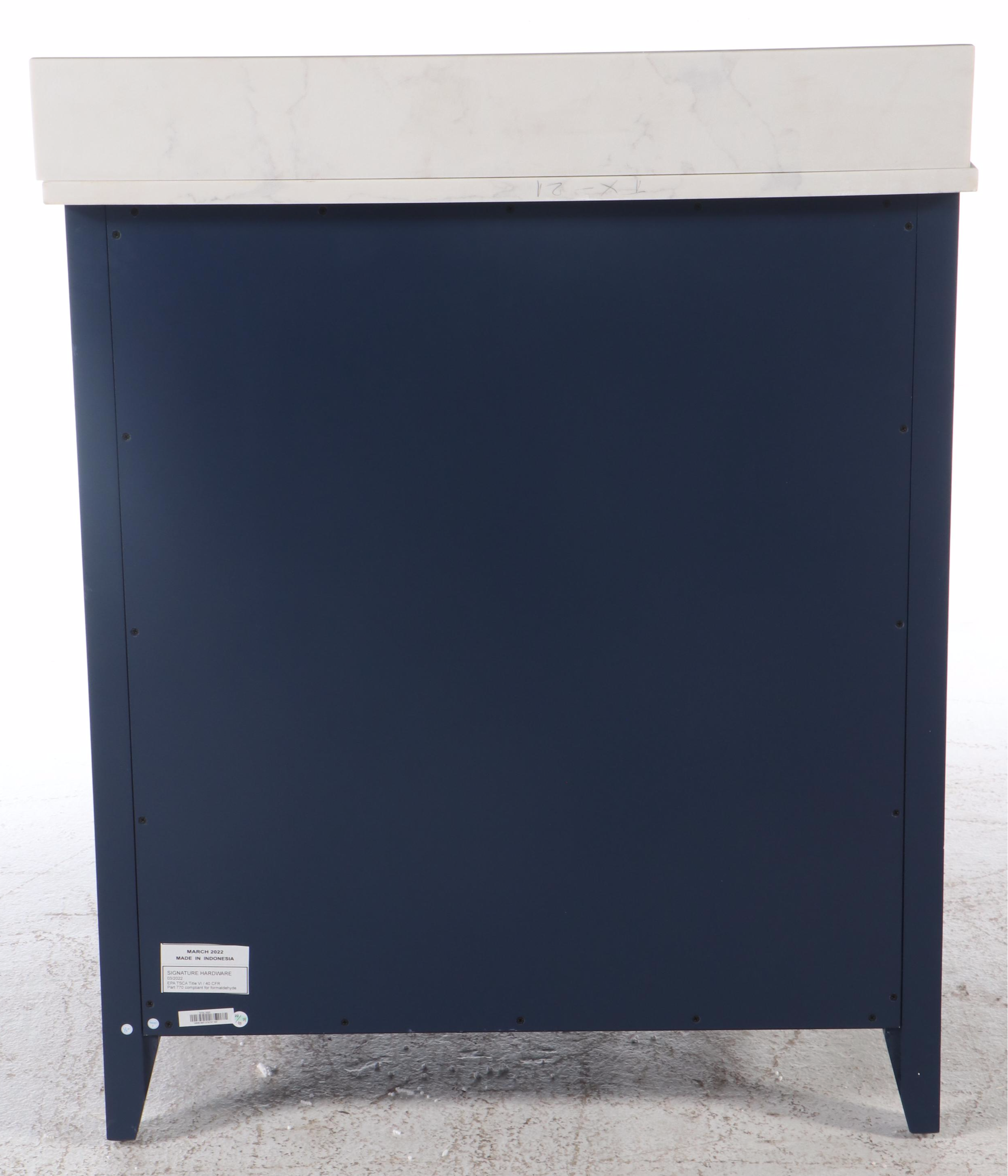 Signature Hardware "Diamond" Marble and Blue-Painted Wood Bathroom Vanity