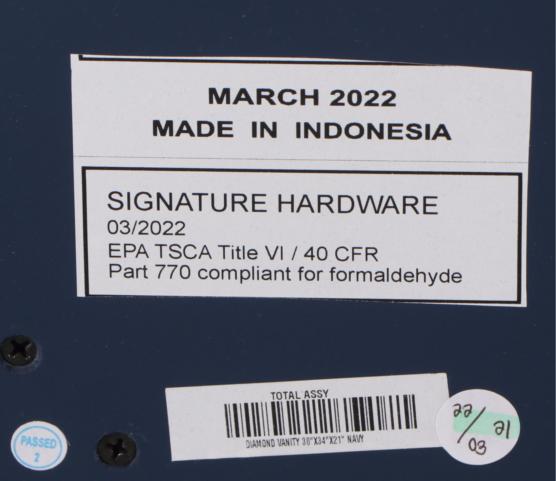 Signature Hardware "Diamond" Marble and Blue-Painted Wood Bathroom Vanity