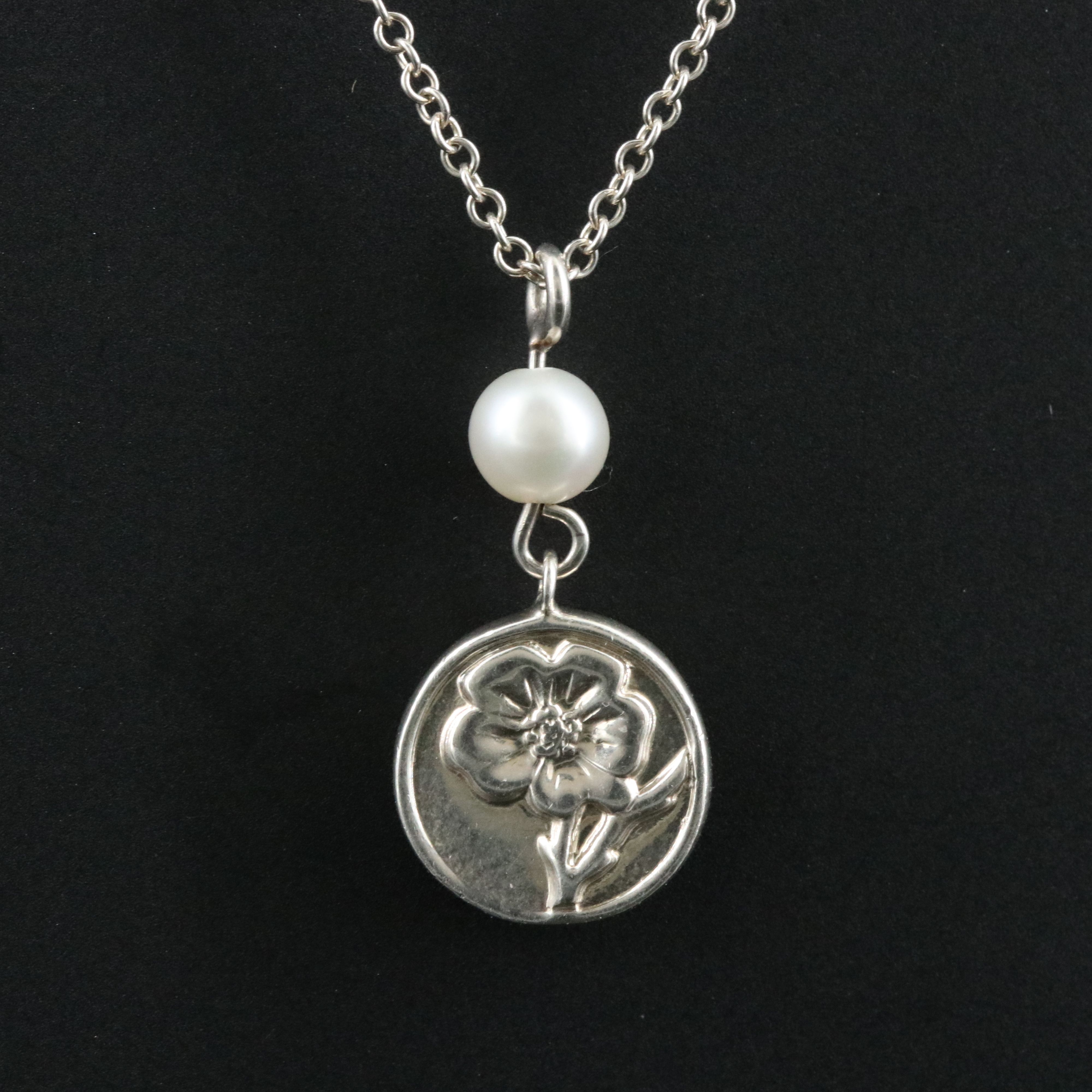 Tiffany & Co. Nature Sterling and Pearl Rose Drop Necklace