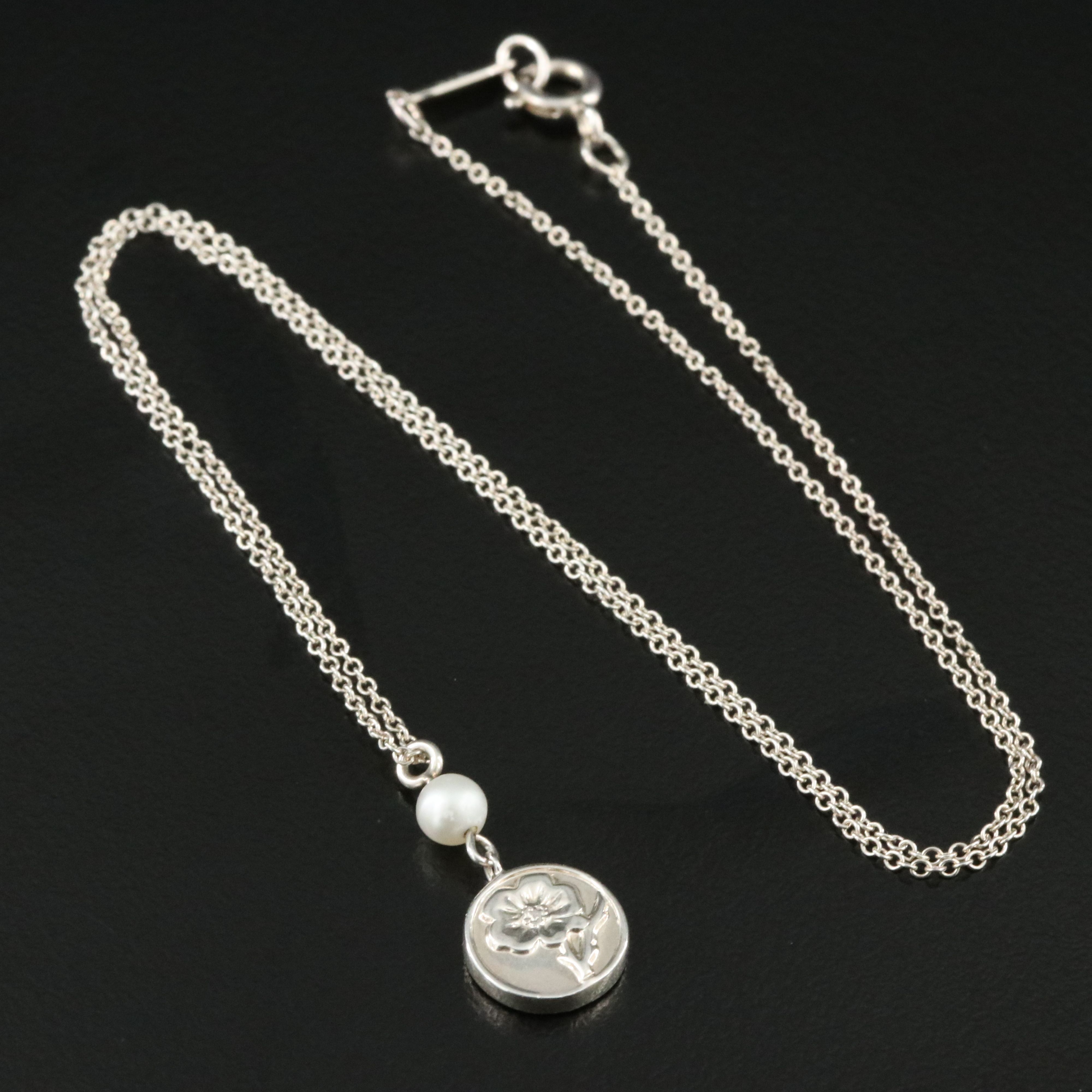 Tiffany & Co. Nature Sterling and Pearl Rose Drop Necklace