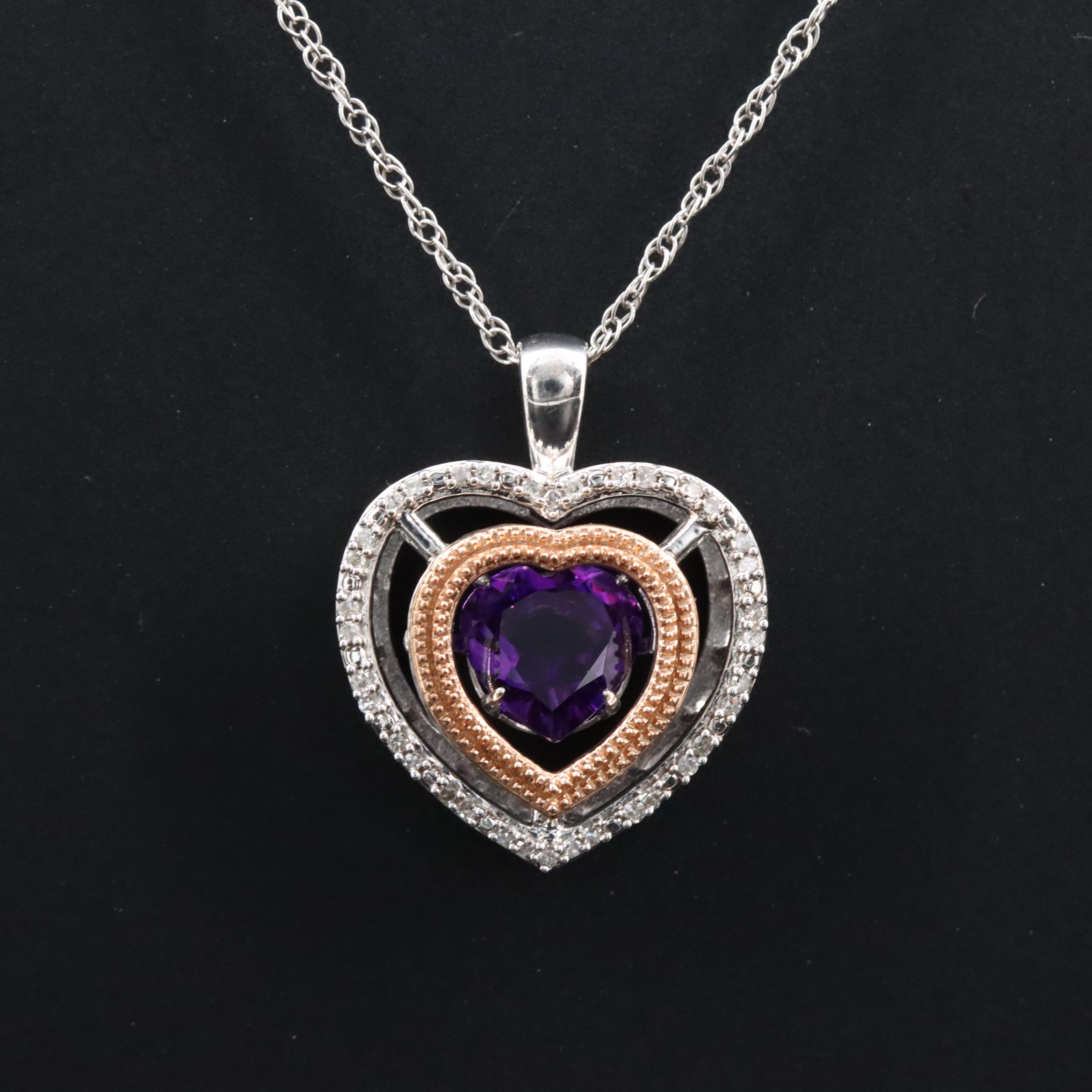 Sterling Amethyst and Diamond Heart Pendant Necklace with 10K Rose Gold Accent