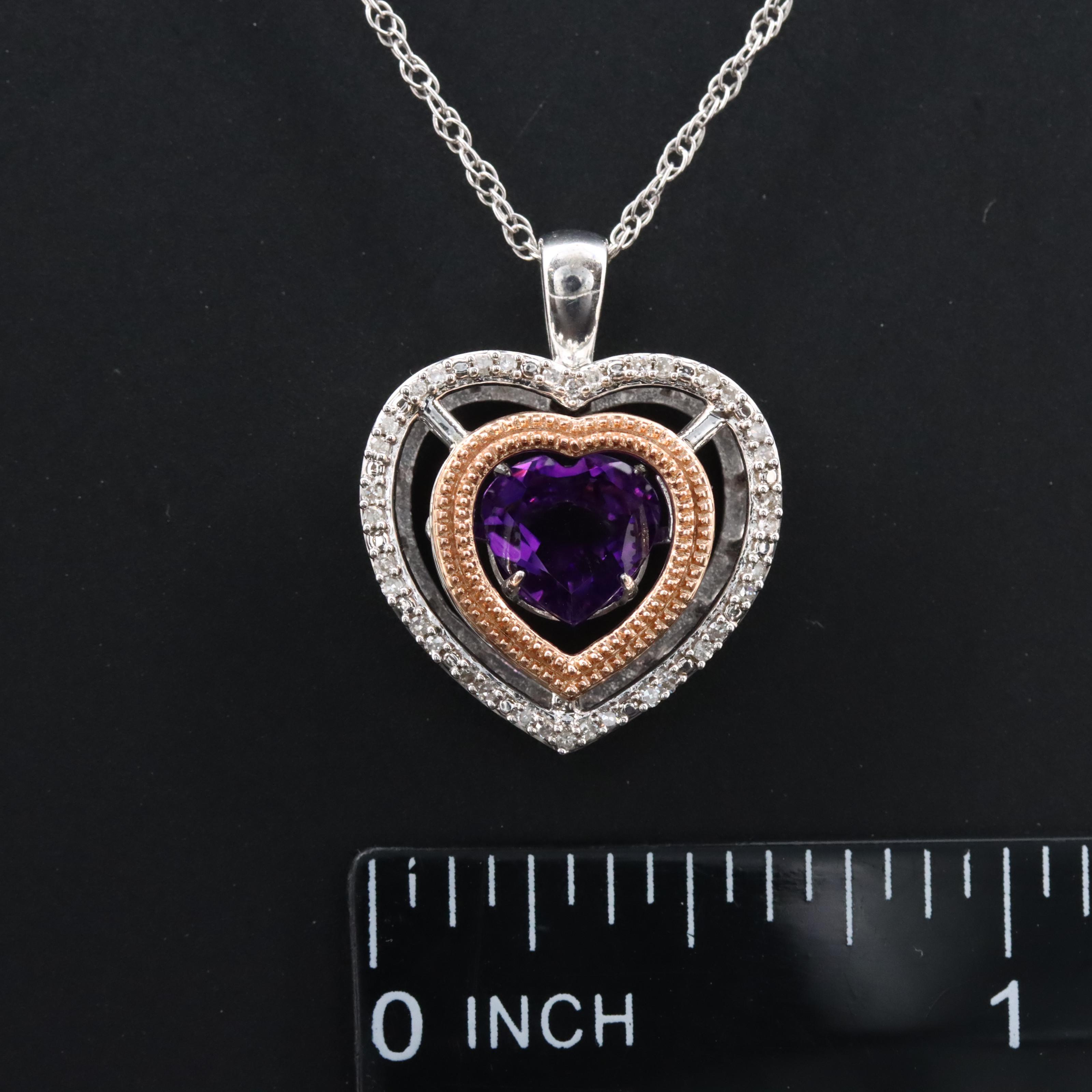 Sterling Amethyst and Diamond Heart Pendant Necklace with 10K Rose Gold Accent