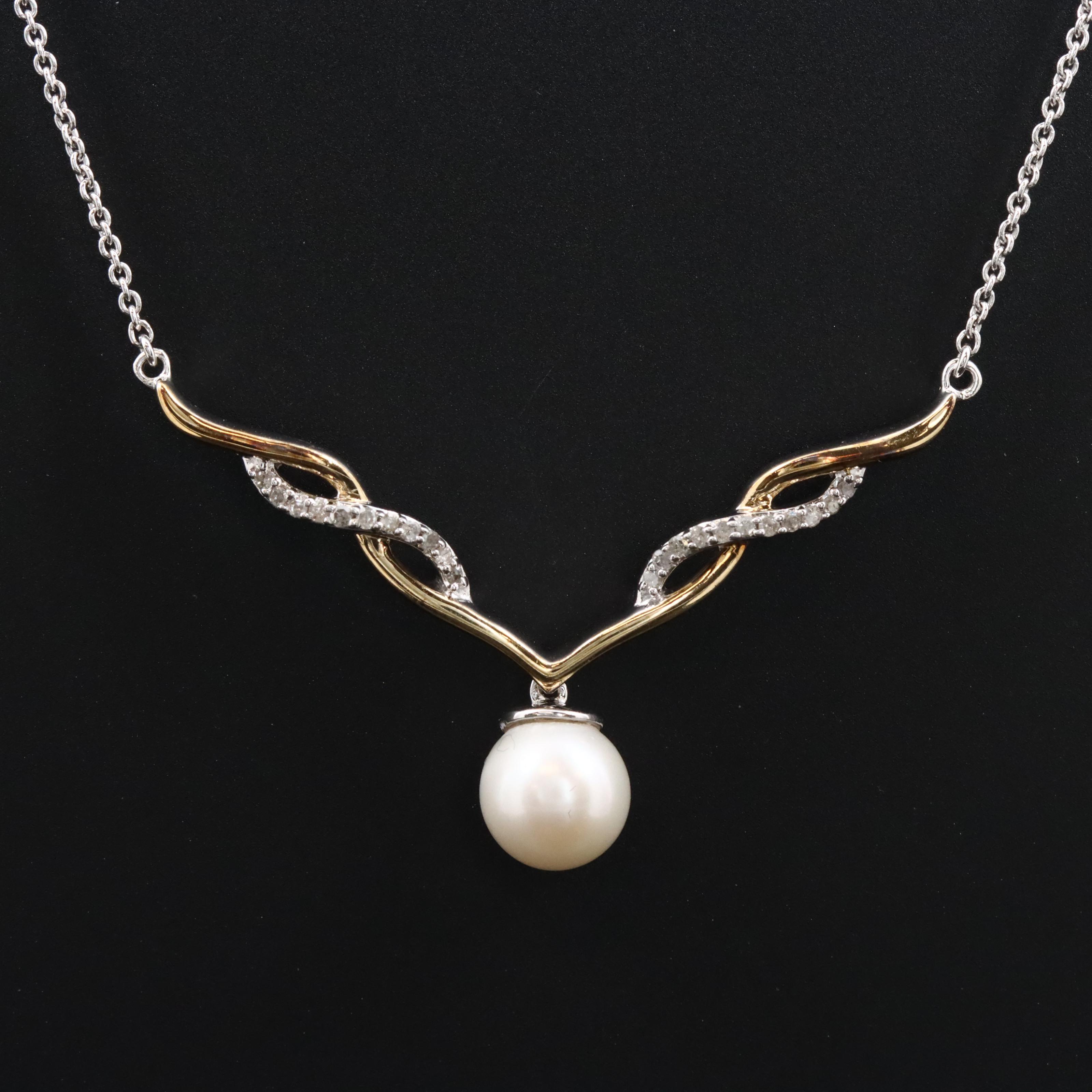 Sterling Pearl and Diamond Necklace