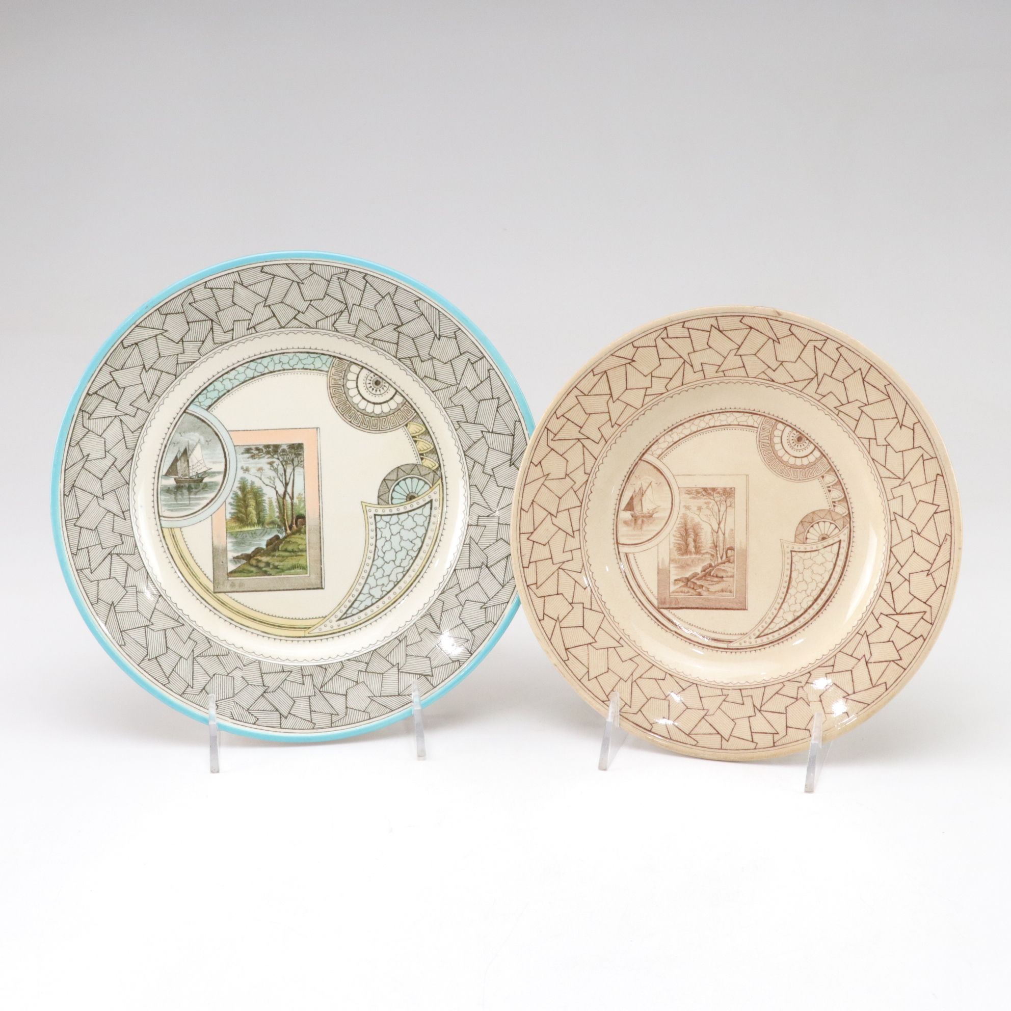 Two Old Hall "Excelsior" Aesthetic Movement Stoneware Plates, Late 19th Century