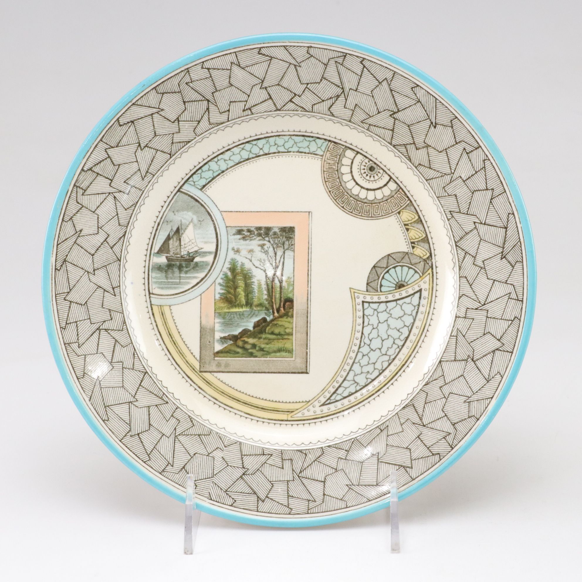 Two Old Hall "Excelsior" Aesthetic Movement Stoneware Plates, Late 19th Century