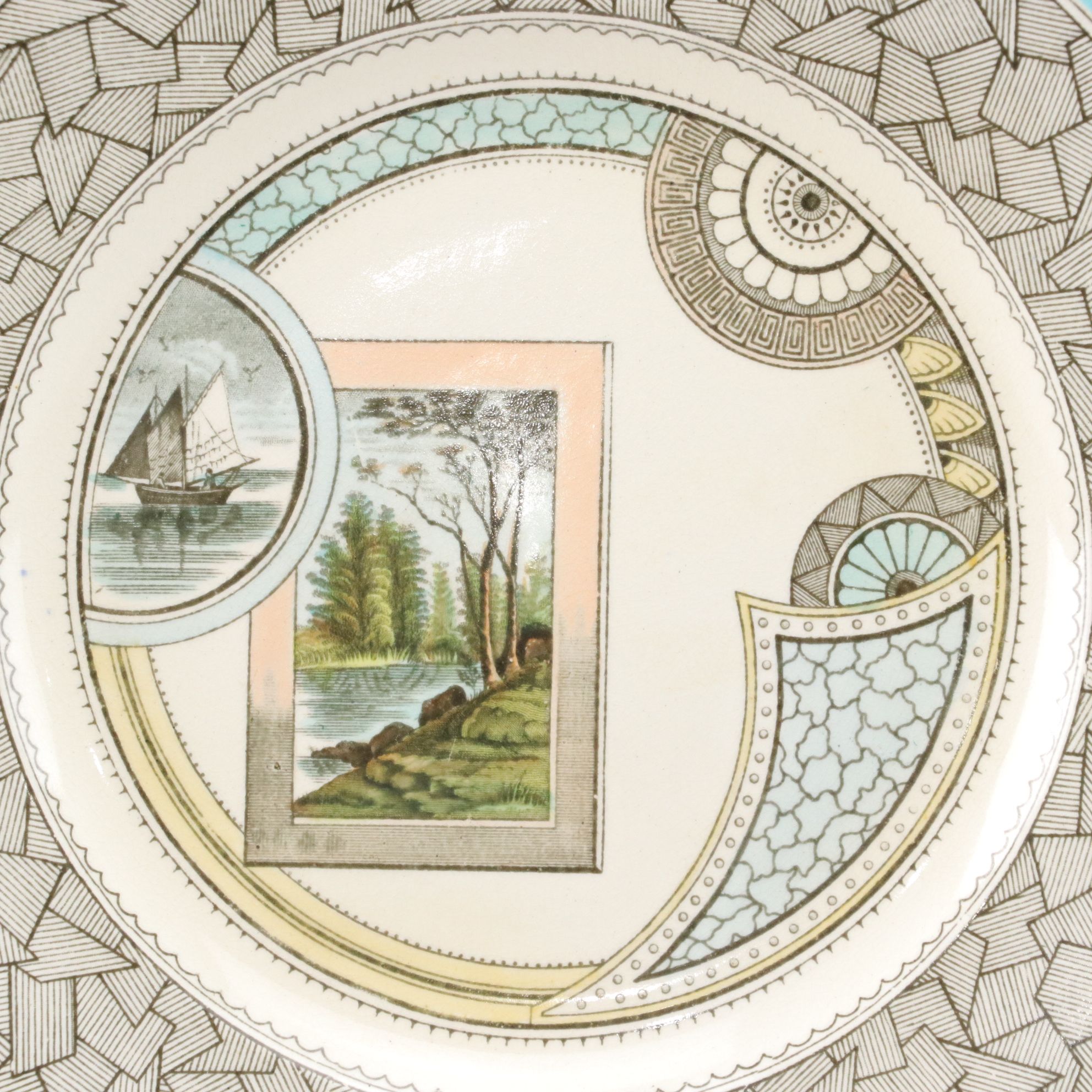 Two Old Hall "Excelsior" Aesthetic Movement Stoneware Plates, Late 19th Century