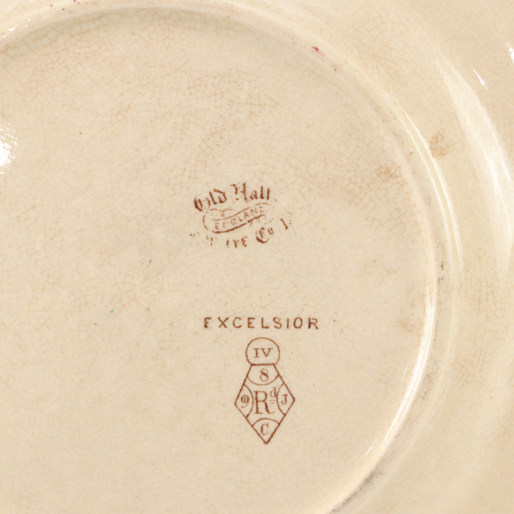Two Old Hall "Excelsior" Aesthetic Movement Stoneware Plates, Late 19th Century