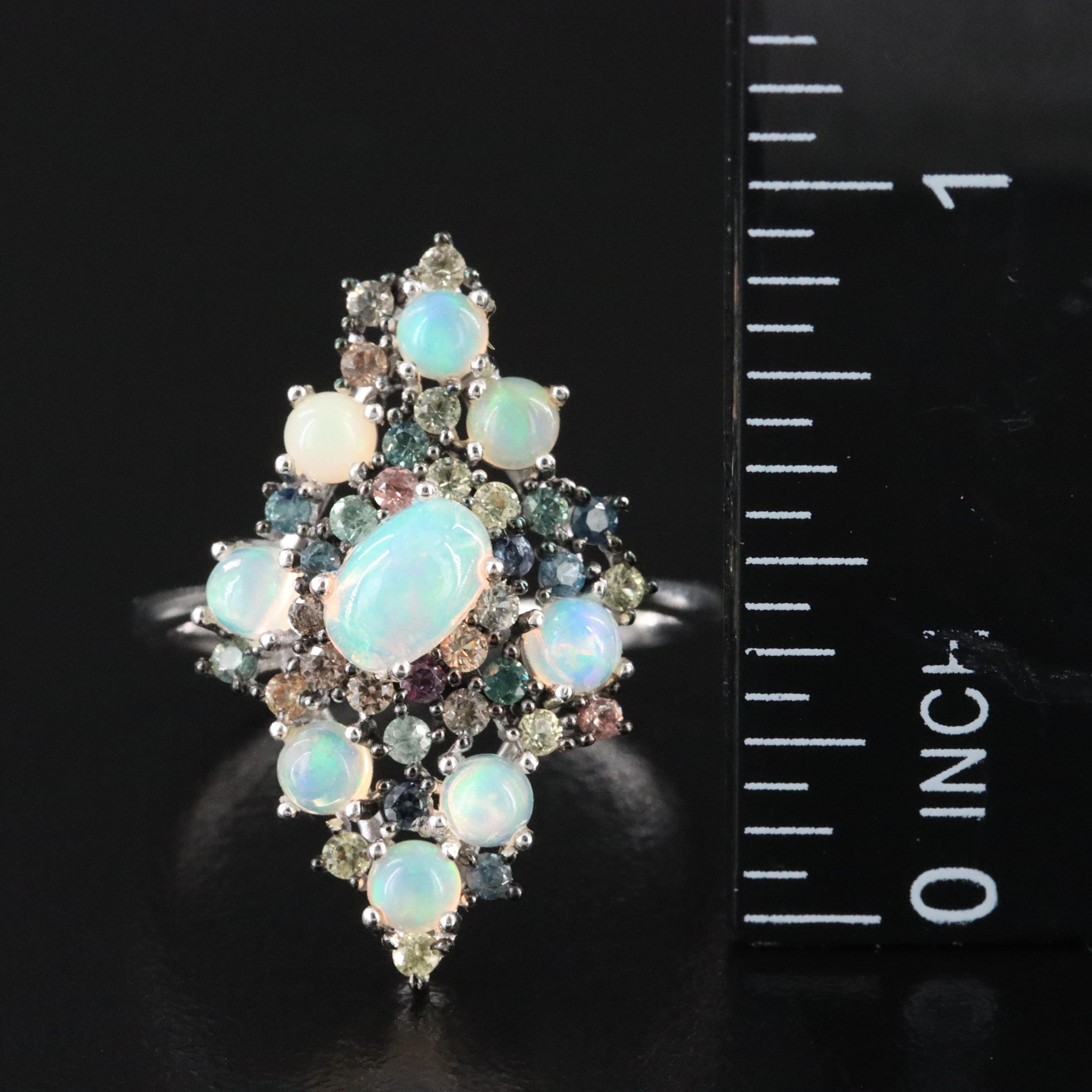 Sterling Opal and Sapphire Navette Ring