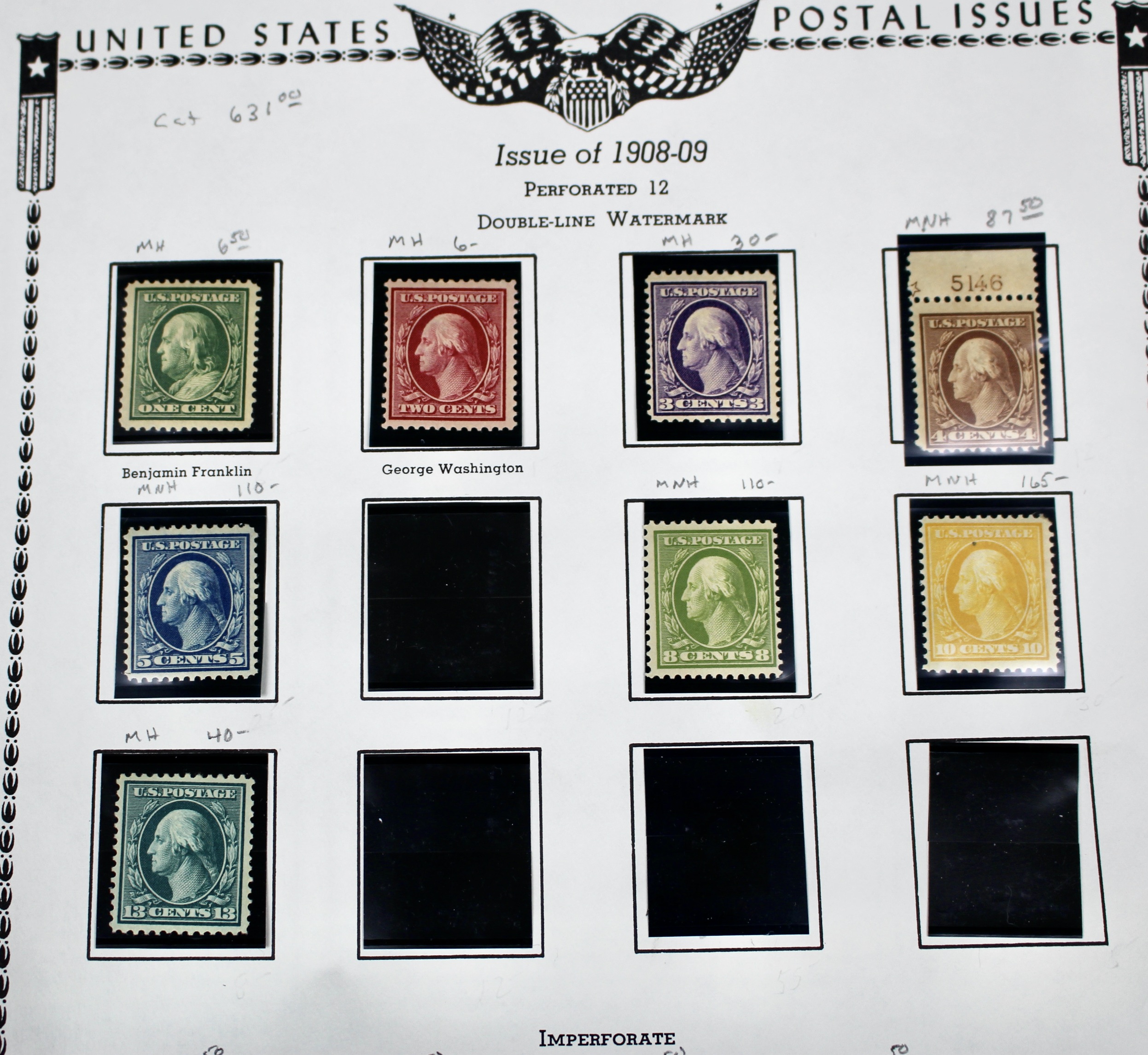 Thirteen Mint and MNH Washington and Franklin Stamp Issues, 1908-09