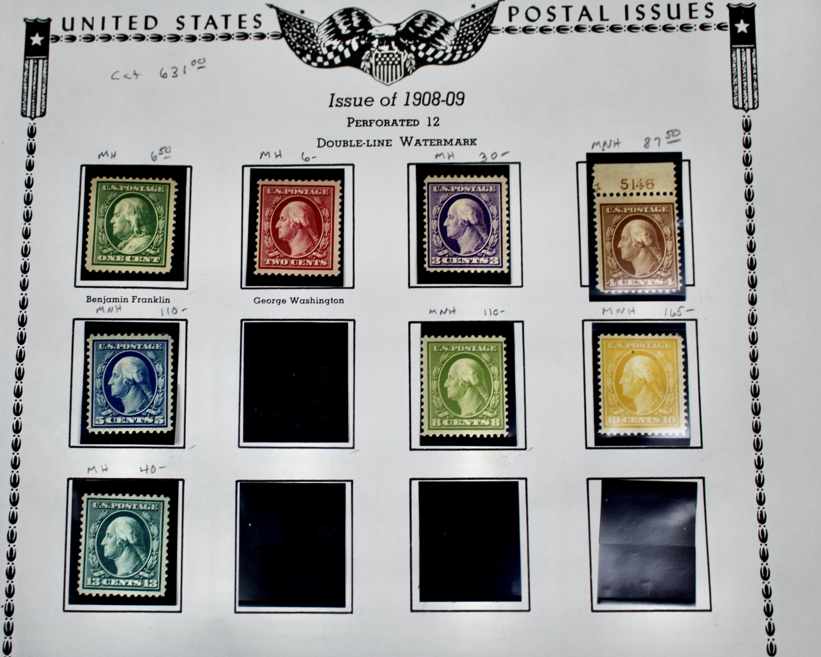 Thirteen Mint and MNH Washington and Franklin Stamp Issues, 1908-09