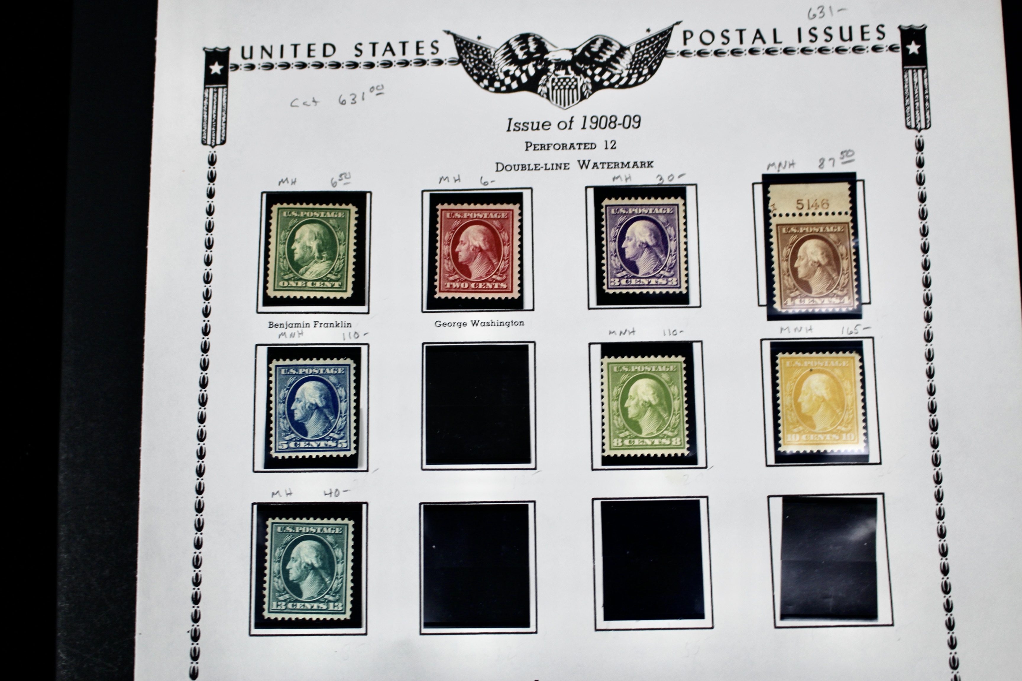 Thirteen Mint and MNH Washington and Franklin Stamp Issues, 1908-09