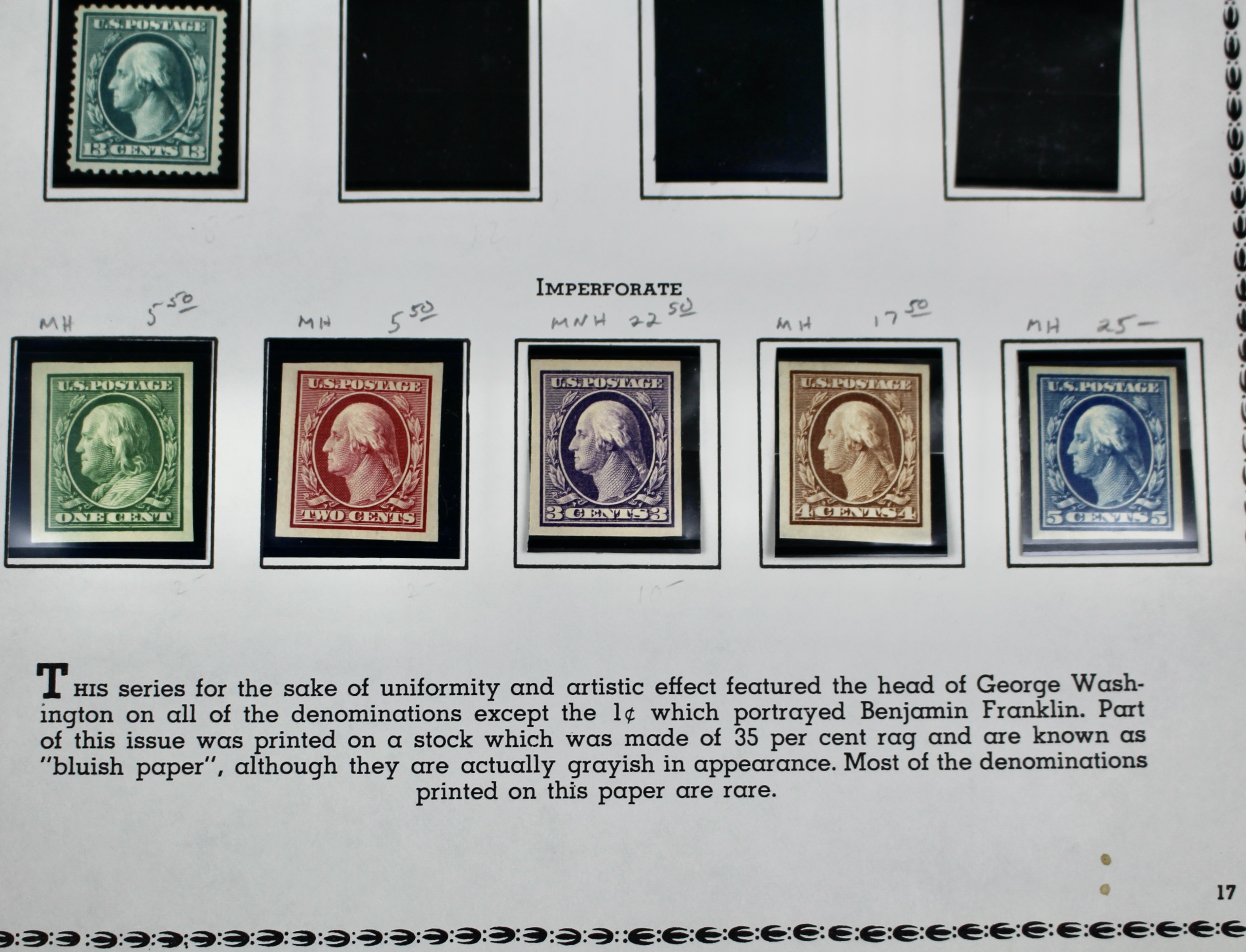 Thirteen Mint and MNH Washington and Franklin Stamp Issues, 1908-09