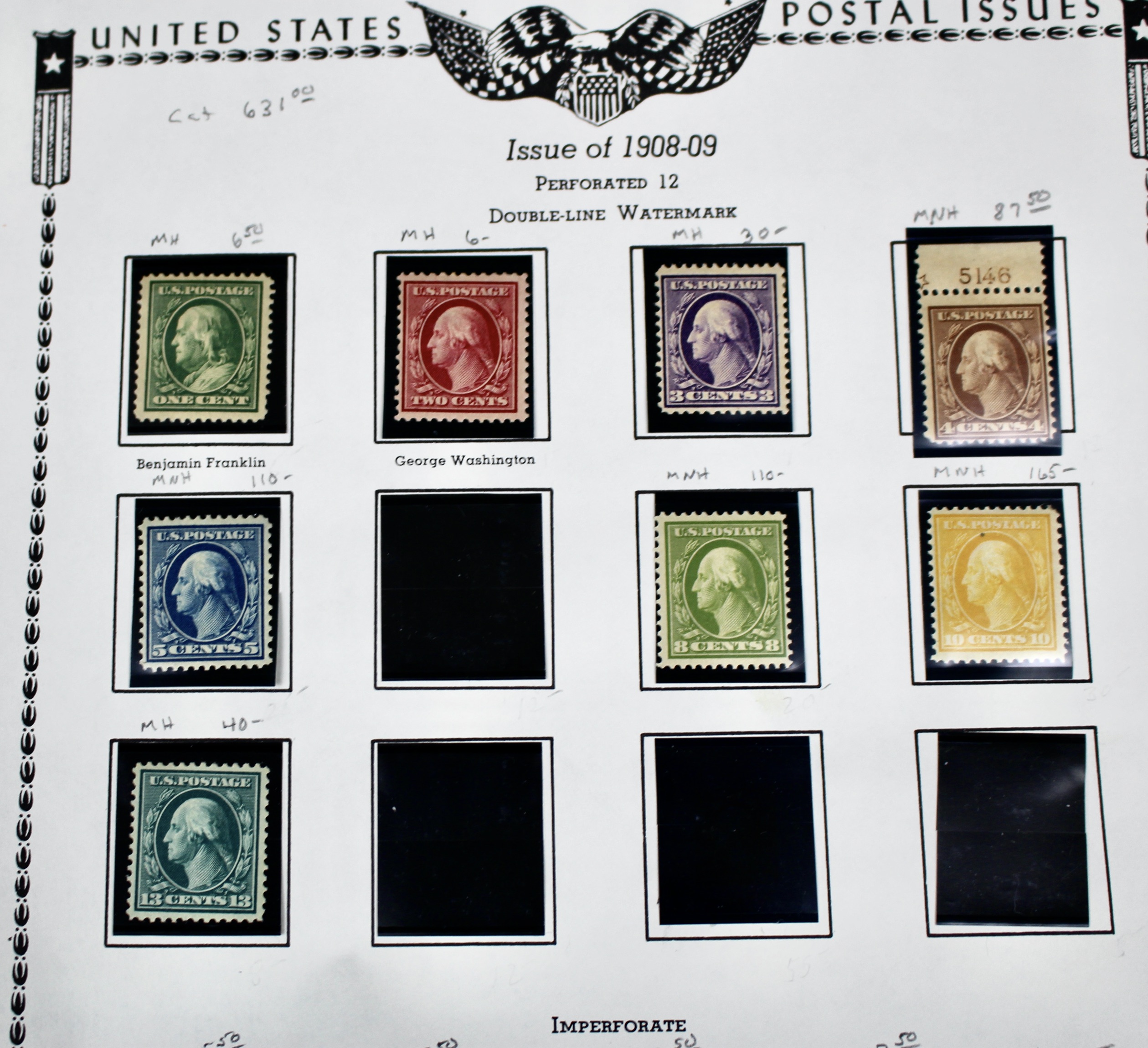 Thirteen Mint and MNH Washington and Franklin Stamp Issues, 1908-09