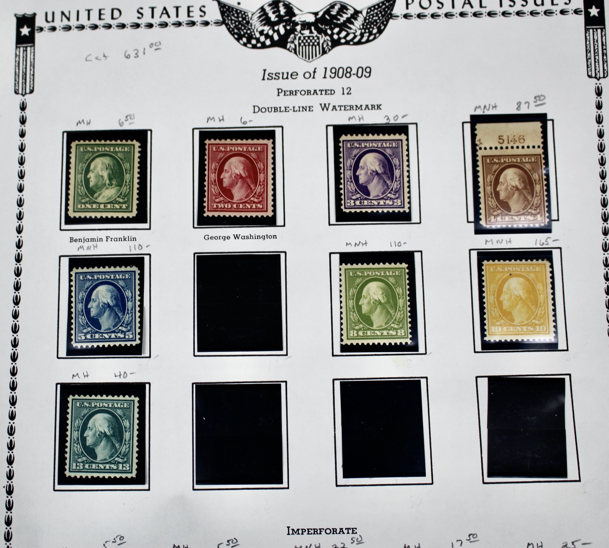 Thirteen Mint and MNH Washington and Franklin Stamp Issues, 1908-09